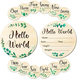 R HORSE Wooden Baby Monthly Milestone Cards with Announcement Sign, 7Pcs Double-Sided Hello World Baby Birth Announcement Milestone Discs, Newborn Month Milestone First Year Photo Props for Boys Girls