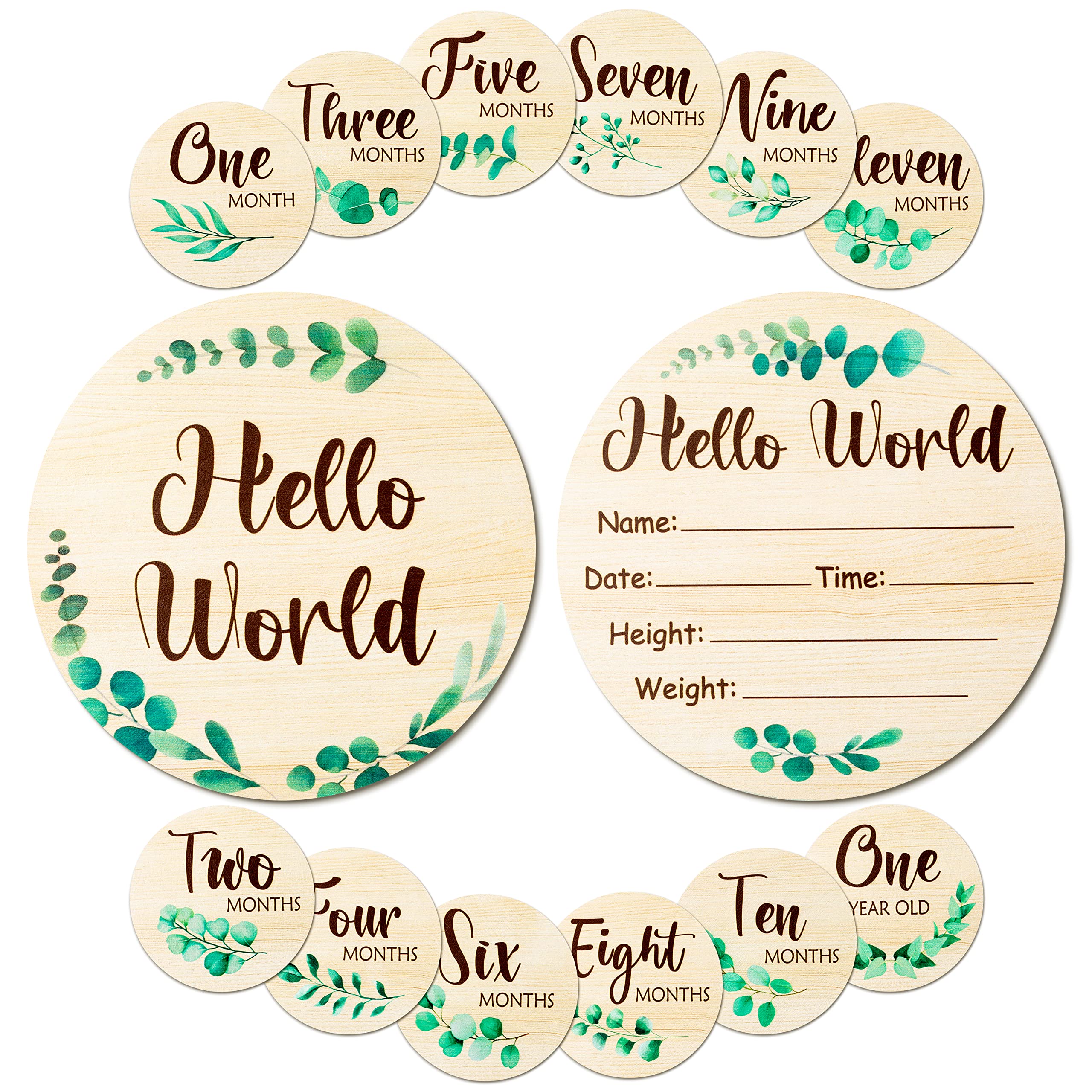 R HORSE 7Pcs Wooden Baby Monthly Milestone Cards with Announcement Sign, Double-Sided Hello World Baby Birth Announcement Sign Milestone Discs, Newborn Month Milestone First Year Props for Boys Girls