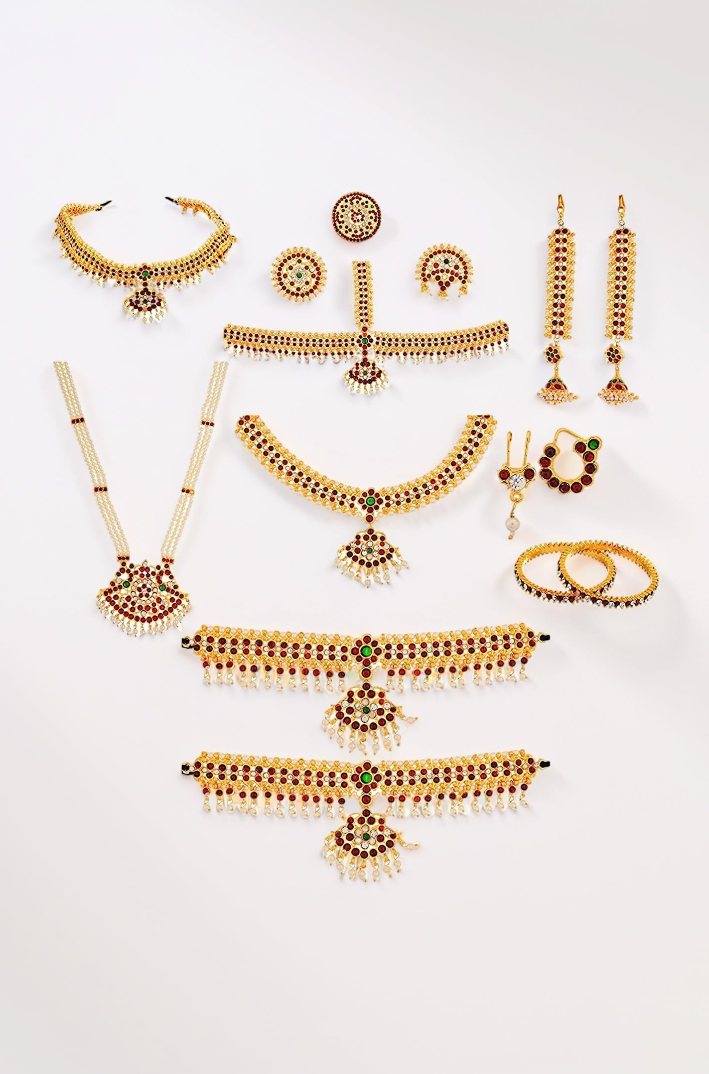 Green and Red Kemp Stones Gold Copper Complete Bharatanatyam Jewellery Set with All the 10 Separate Ornaments for Women