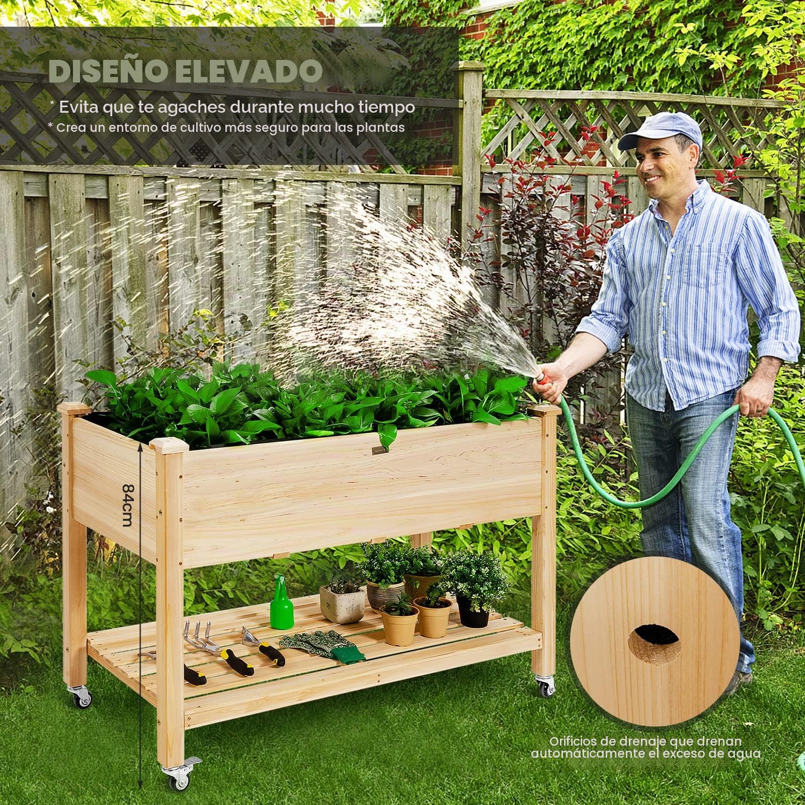 GOPLUS Jardinera Exterior con Ruedas Bloqueables y Estante, Cama Elevada de Madera de Abeto con Agujeros de Drenaje y Forro no Tejido, Huerto Urbano para Flores Hierbas Verduras, 120 x 59 x 84 cm