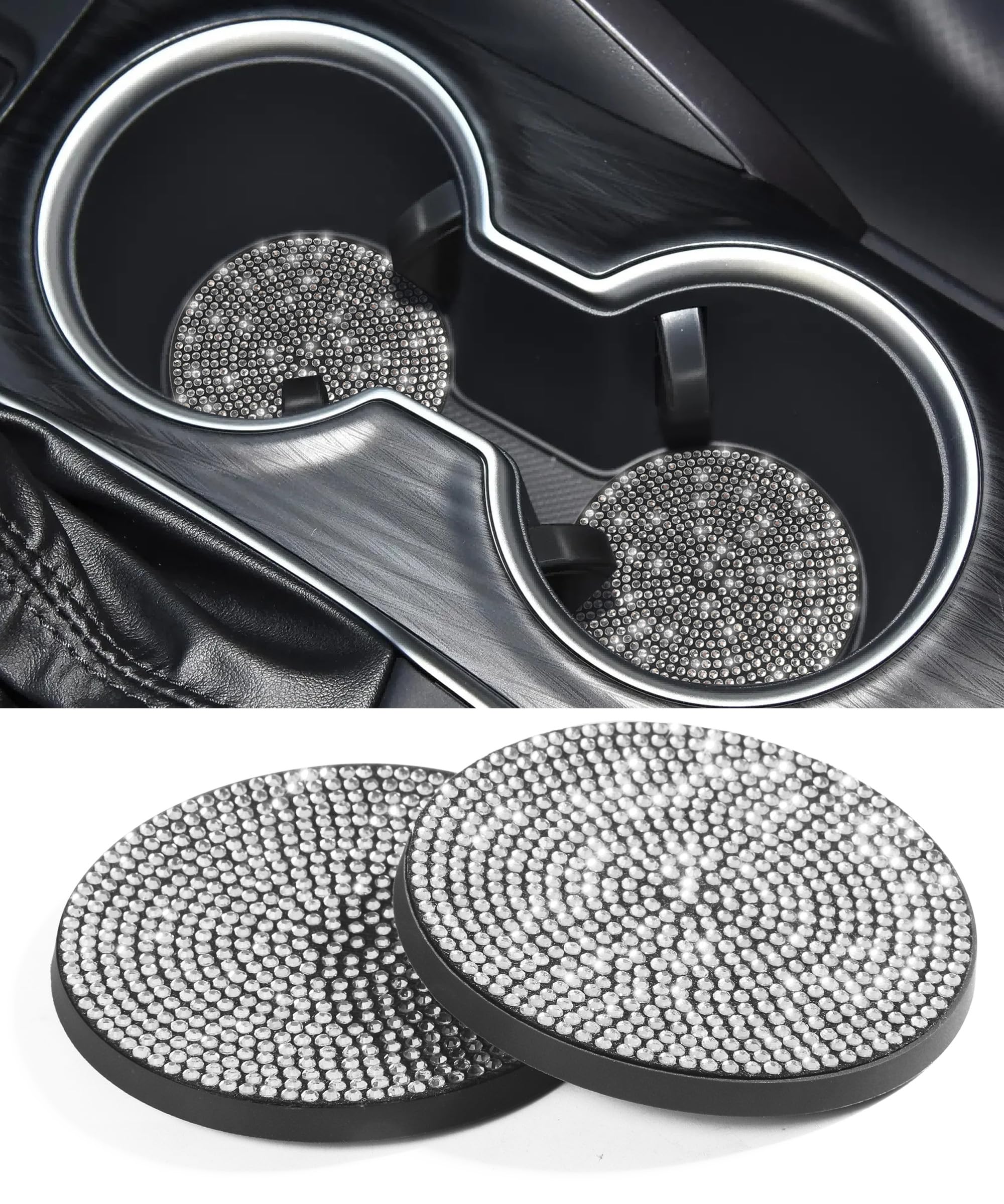 2PCS Car Coasters,Car Accessories for Women,Car Decor Car Coasters for Cup Holders,Car Accessories Bling Cup Holder Coaster,Anti Slip Insert Coasters,Interior Accessories for Women (White)