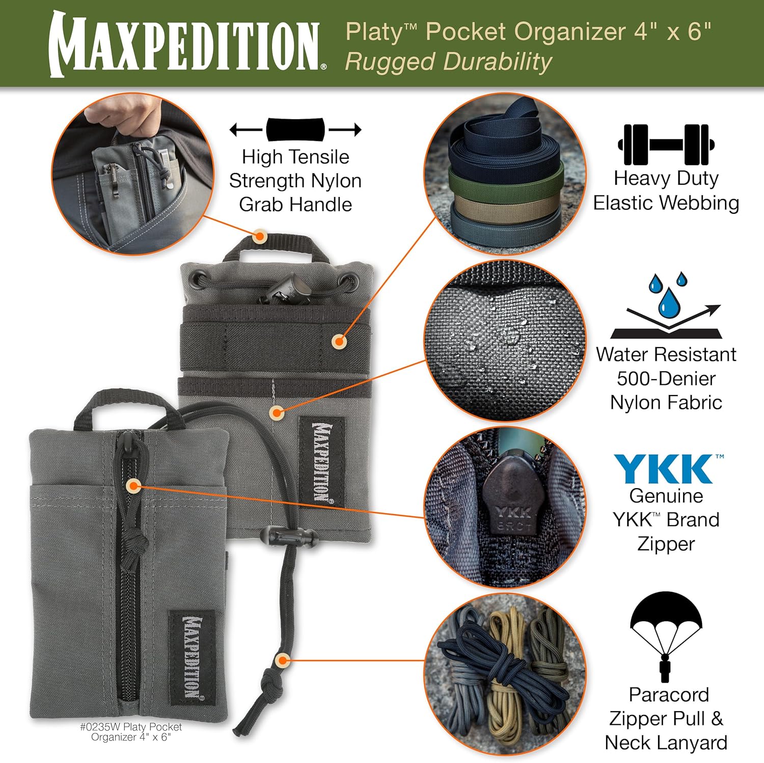 MAXPEDITION Platy Pocket Organizer, Durable EDC Tool Pouch for Men, Neck Wallet with Paracord Lanyard, Holds Flashlight, Multitool, Pen, Notebook