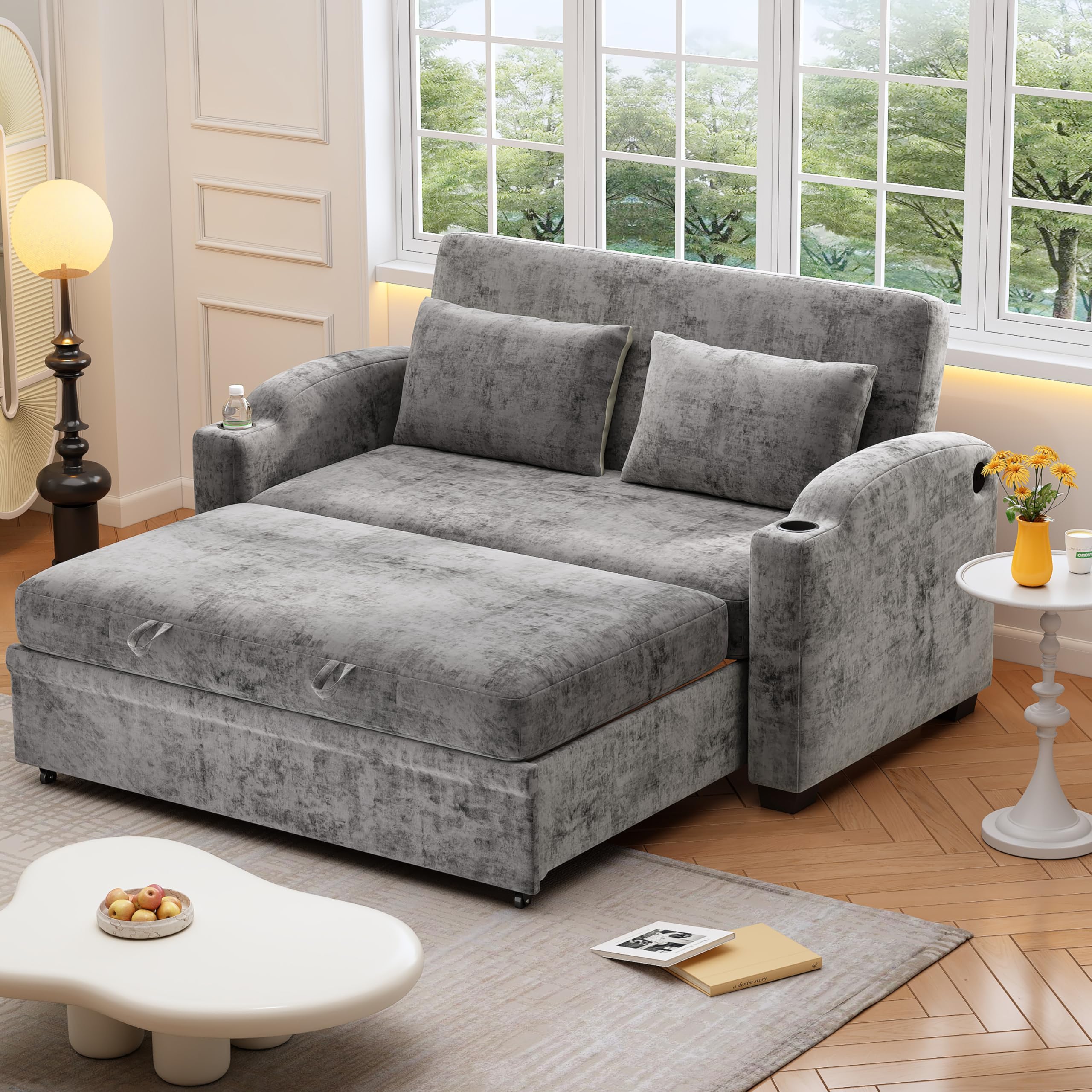 Merax 61.6" Pull Out Sleeper Sofa Bed, Modern Chenille Convertible Loveseat Sofa with Adjsutable Backrest, 2 Pillows, Cup Holders, USB Ports for Living Room, Apartment, Gray