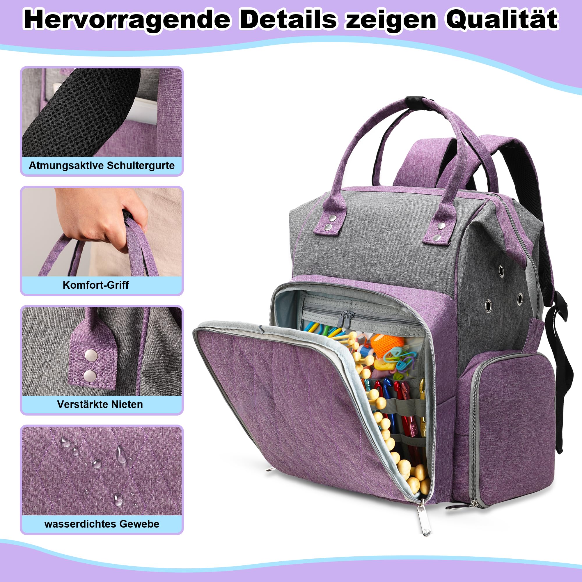 Large Capacity Knitting Bag Backpack,Portable Crochet Bags and Totes Organizer for Women Yarn Bags Holder Case for Crocheting and Carrying Crochet Accessories(Violet) - Image 4