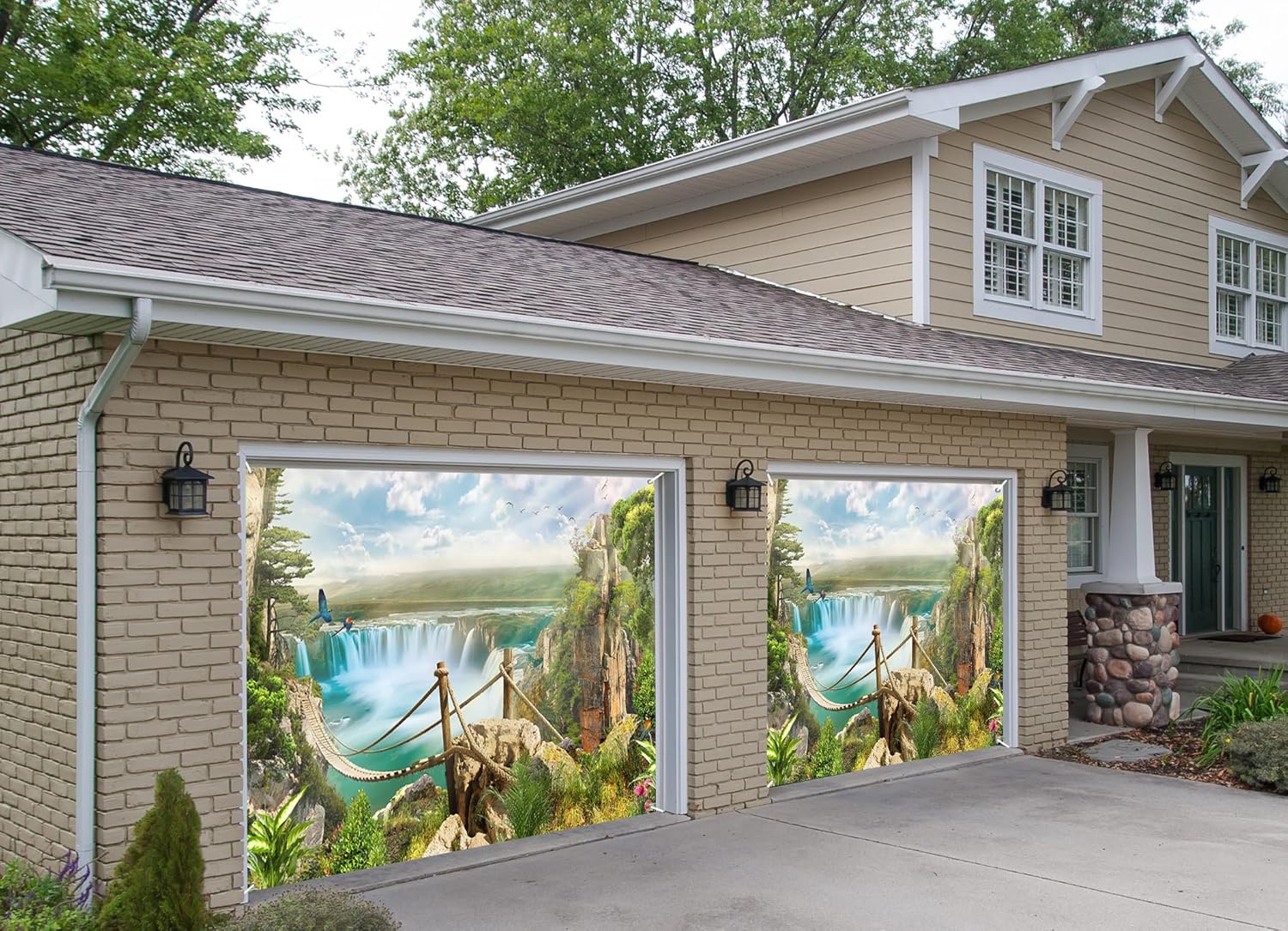 7x8ft Waterfall Landscape Garage Door Decor Mountains River Green Forest Clear Blue Sky White Clouds Garage Door Backdrop Outdoor Travel Hiking Spring Theme Party Decoration