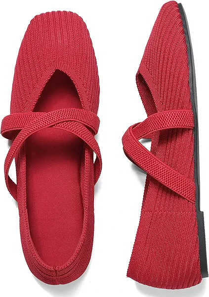 CELNEPHO Red Flats for Women Square Toe Ballet Flats Cross Strap Comfortable Arch Support Dressy Knit Flats for Women Slip On Washable Casual Office Shoes