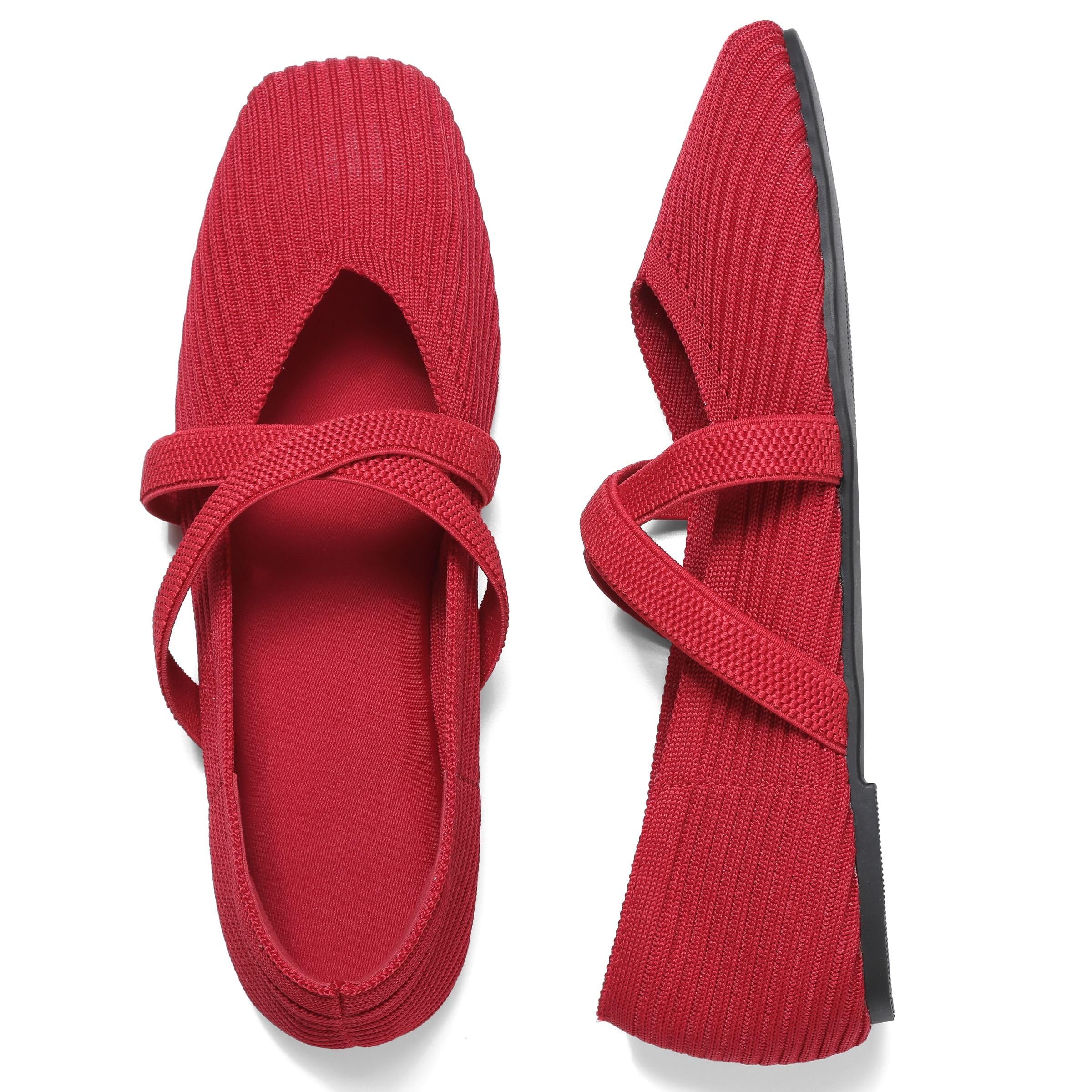 CELNEPHO Flats for Women Square Toe Ballet Flats Cross Strap Comfortable Arch Support Dressy Knit Flats for Women Mary Jane Flats Slip On Washable