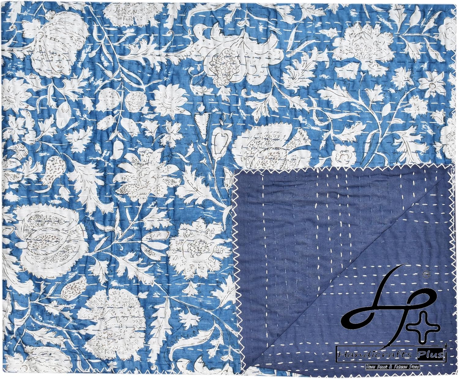King/Queen Size Throw Cotton Coverlets Beautiful Kantha Quilts Decorative Gudari Multicolor Blankets Floral Print Ralli (Blue)
