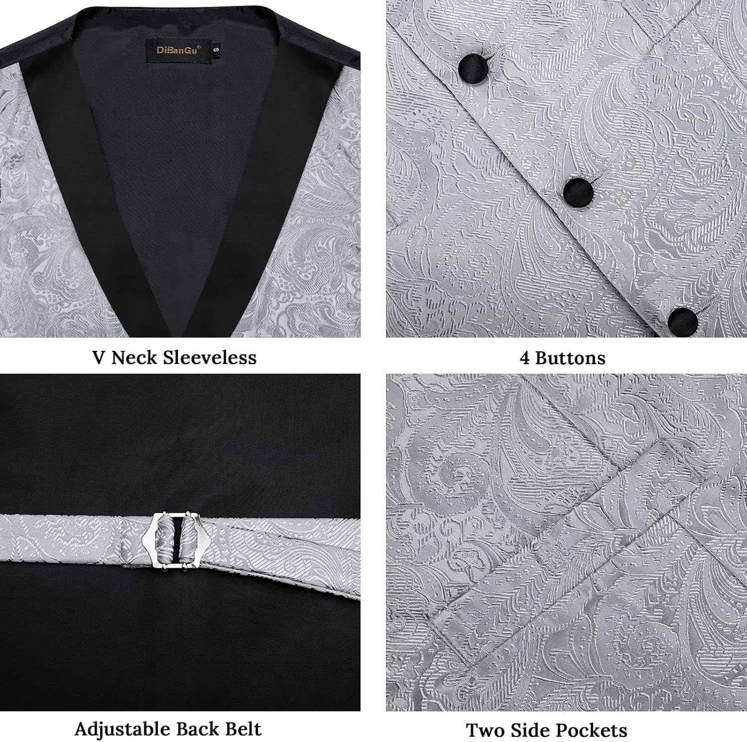 DiBanGu Mens Silk Vest and Tie Set 7PCS Paisley Suit Waistcoat and Necktie with Lapel Pin for Wedding Shawl Collar Dress Vest - Image 5
