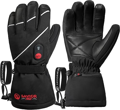SAVIOR HEAT Heated Gloves for Men Women, 3M Rechargeable Electric Heated Leather Skiing and Snowboarding Gloves (S)