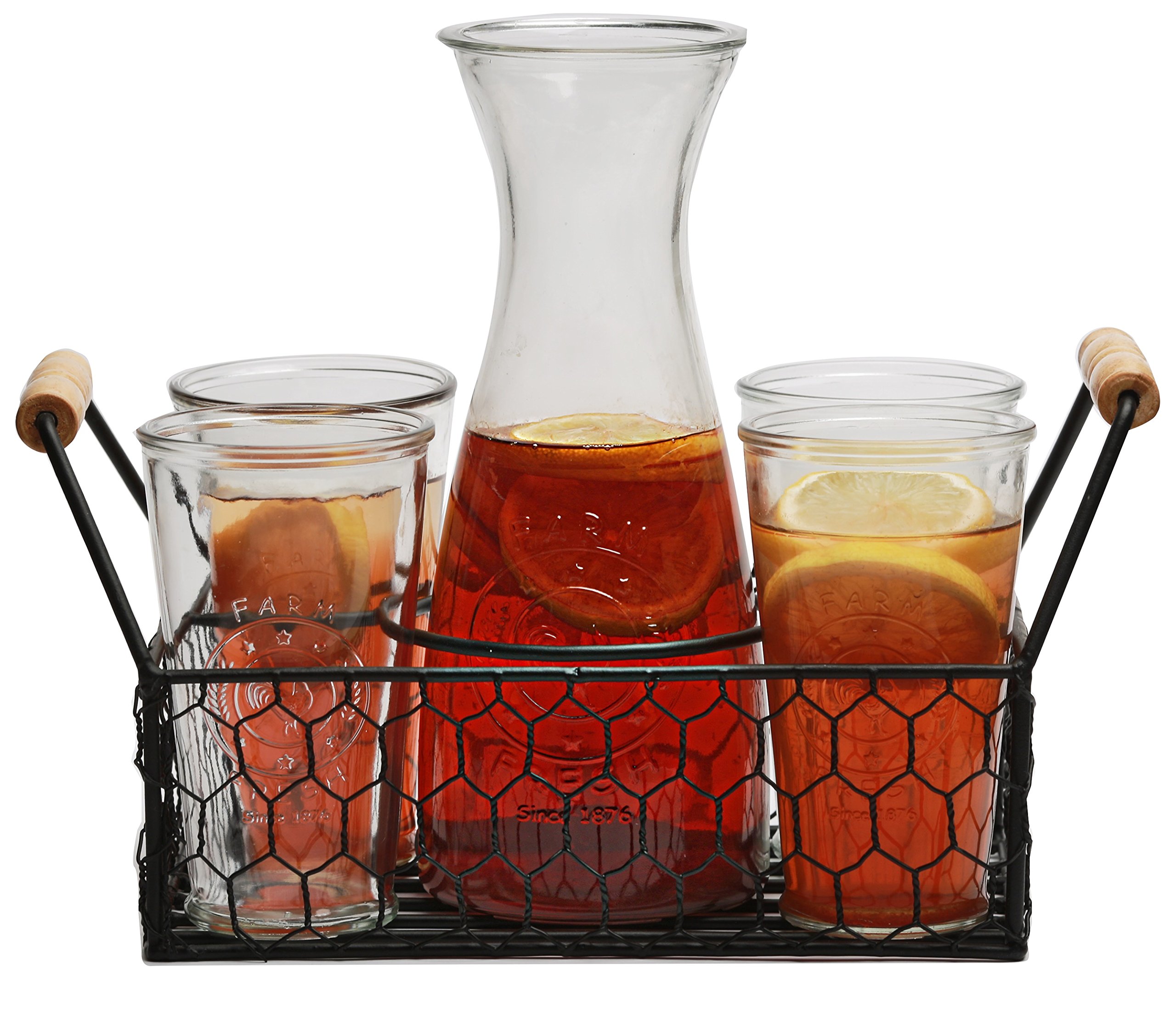 Circleware Ranch Rooster 8-Piece Glassware Entertaining Set, Tumbler Drinking Glasses, BeveragePitcher Carafe and Metal Caddy Holder, 6-16 oz Cups, 1-32 oz Milk Water Bottle, Farmhouse Decor