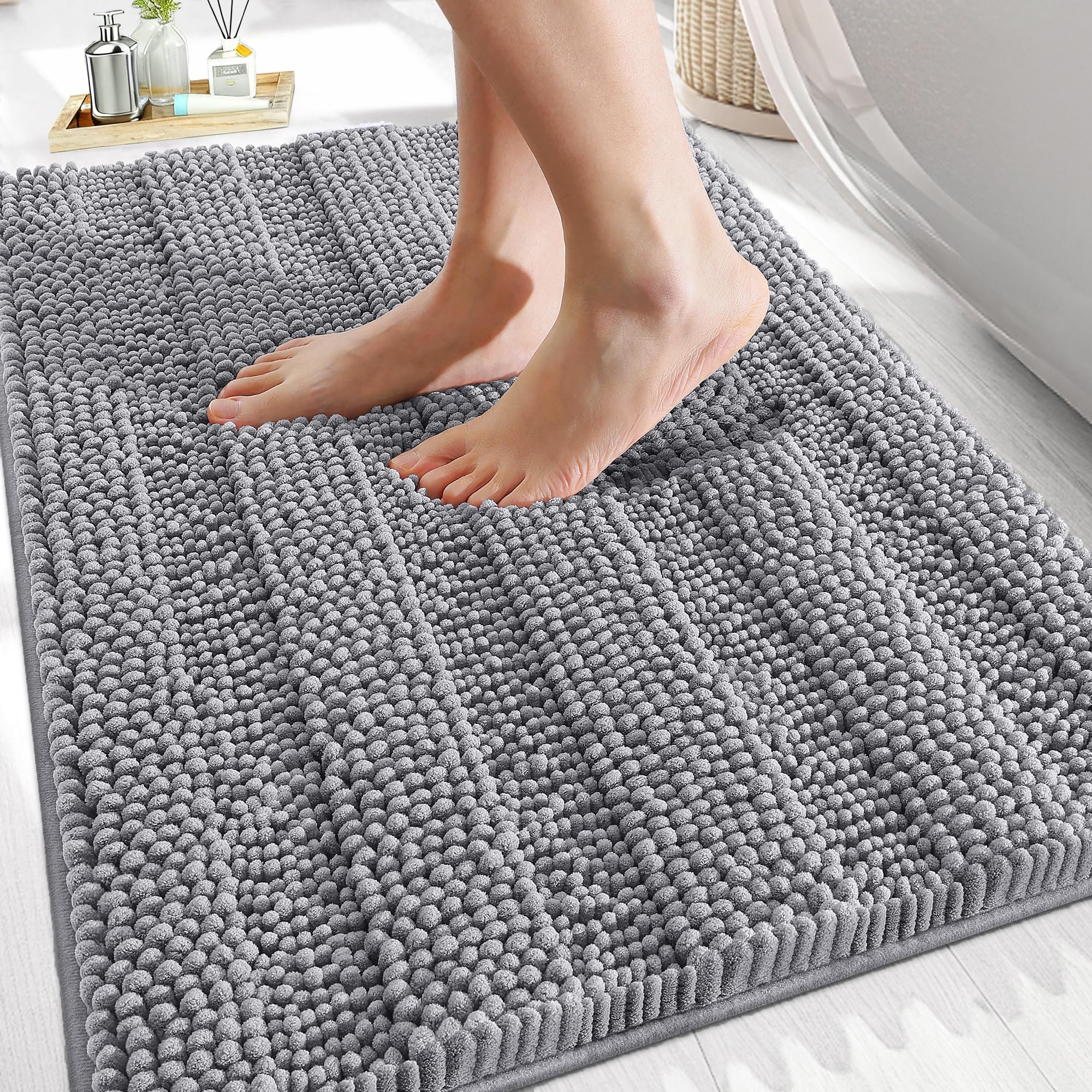 OLANLY Thick Bathroom Rugs 30x20 Extra Soft Absorbent Chenille Striped Bath Rugs Rubber Backing Machine Wash Dry Bath