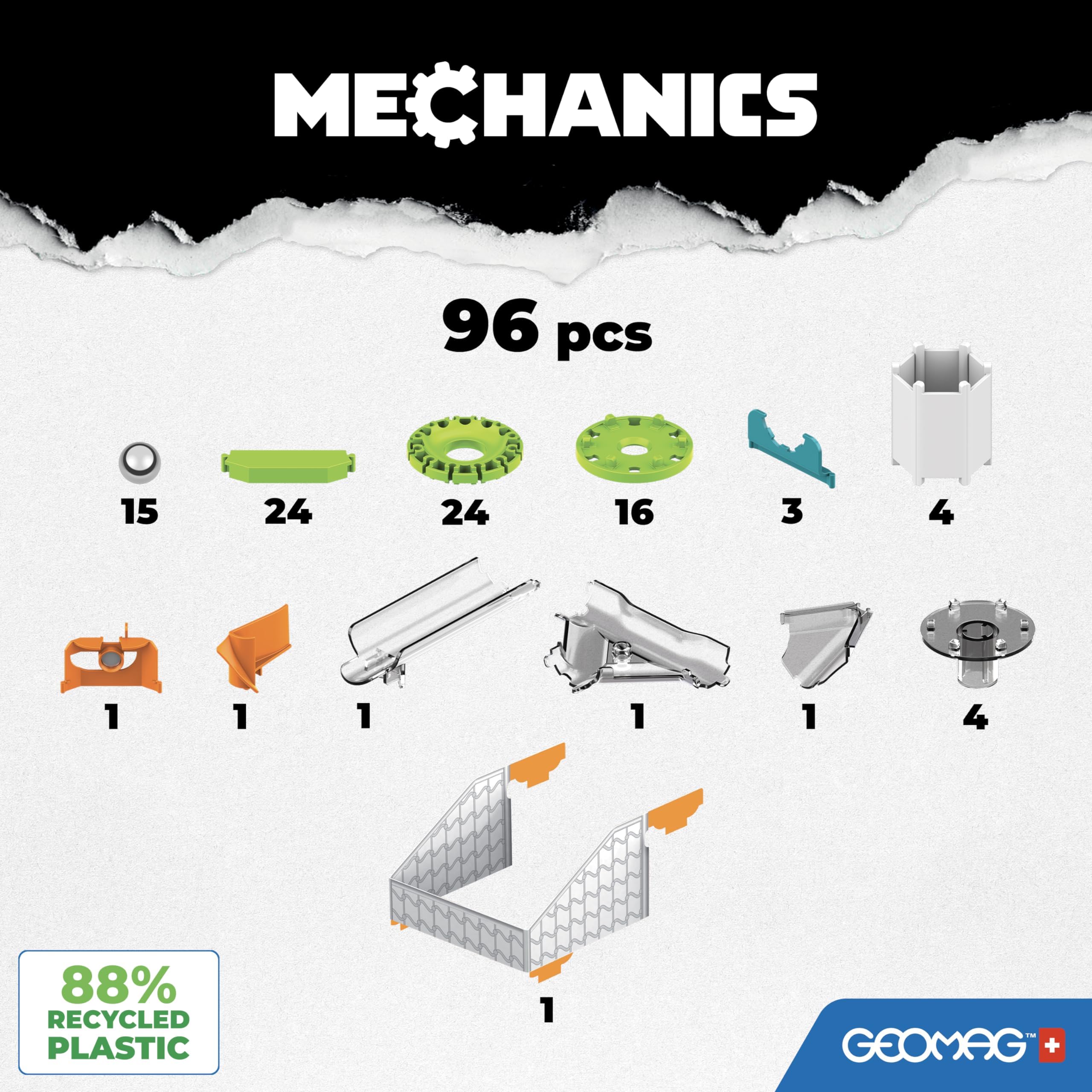 Geomag - Mechanics Challenge Goal - Educational and Creative Game for Children - Magnetic Building Blocks with Metal Spheres, Recycled Plastic - Set of 96 Pieces