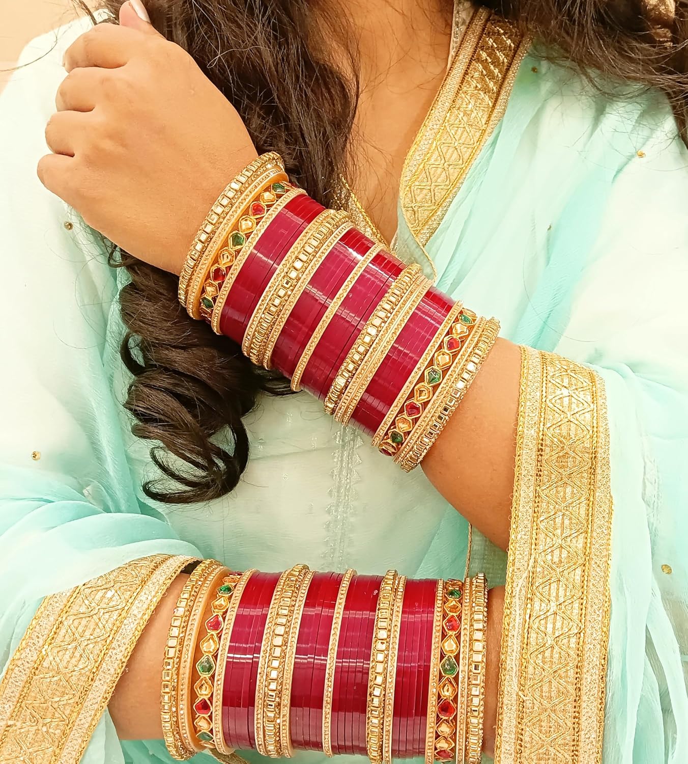 Efulgenz Chura Bangles Punjabi Chuda Acrylic Bangle Set for Wedding Indian Bridal Bangle Set for Women Faux Kundan Crystal Bridal Dulhan Choora Bangle Set Bracelet Fashion Jewelry