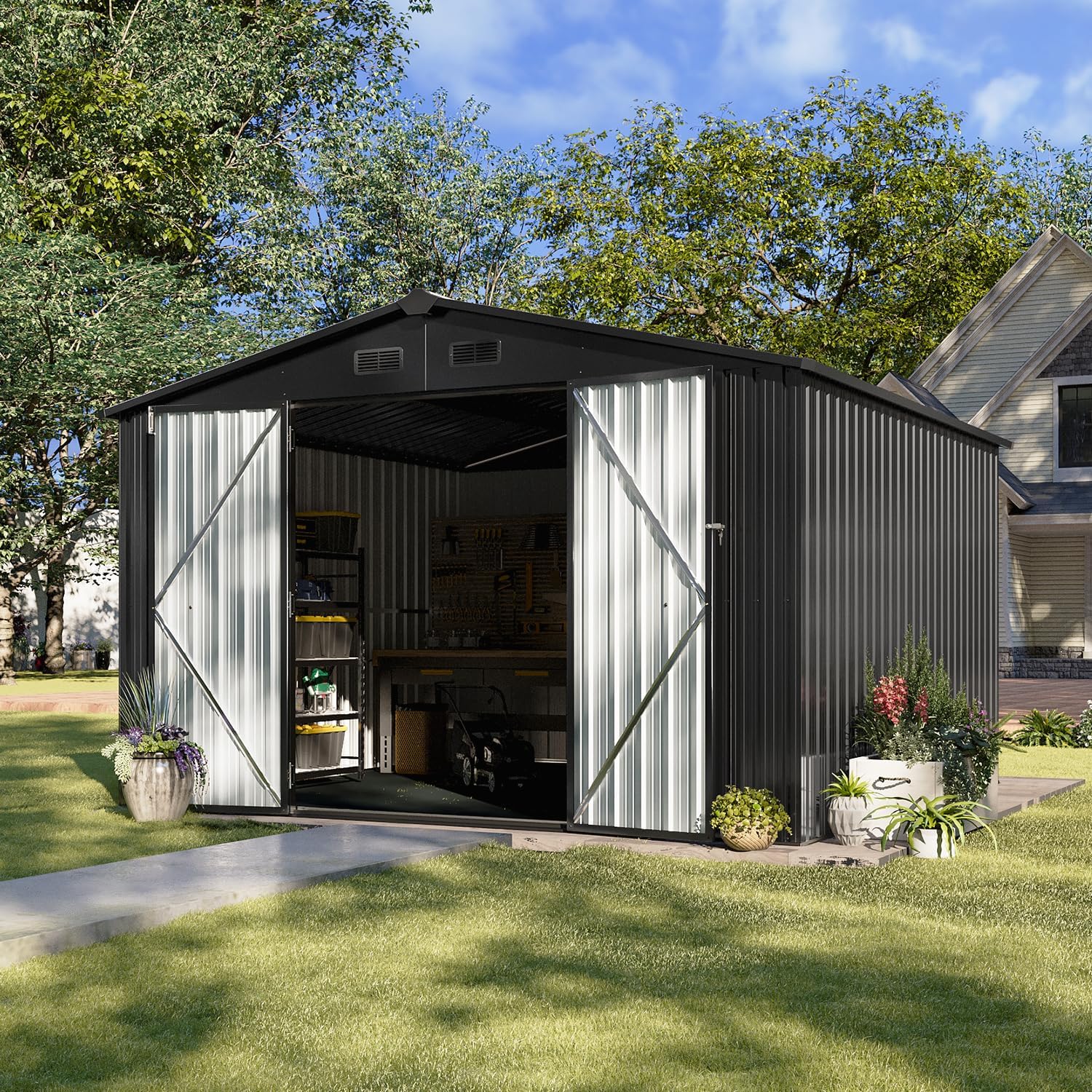 Aoxun 6.2x4 FT Shed Outdoor Storage Shed Metal Garden Shed with Lockable Doors Slooping Roof Tool Shed Bike Shed for Backyard, Patio, Poolside (Brown) Aoxun 6.2x4 FT Shed Outdoor Storage Shed Metal Garden Shed with Lockable Doors Slooping Roof Tool Shed Bike Shed for Backyard, Patio, Poolside (Brown)