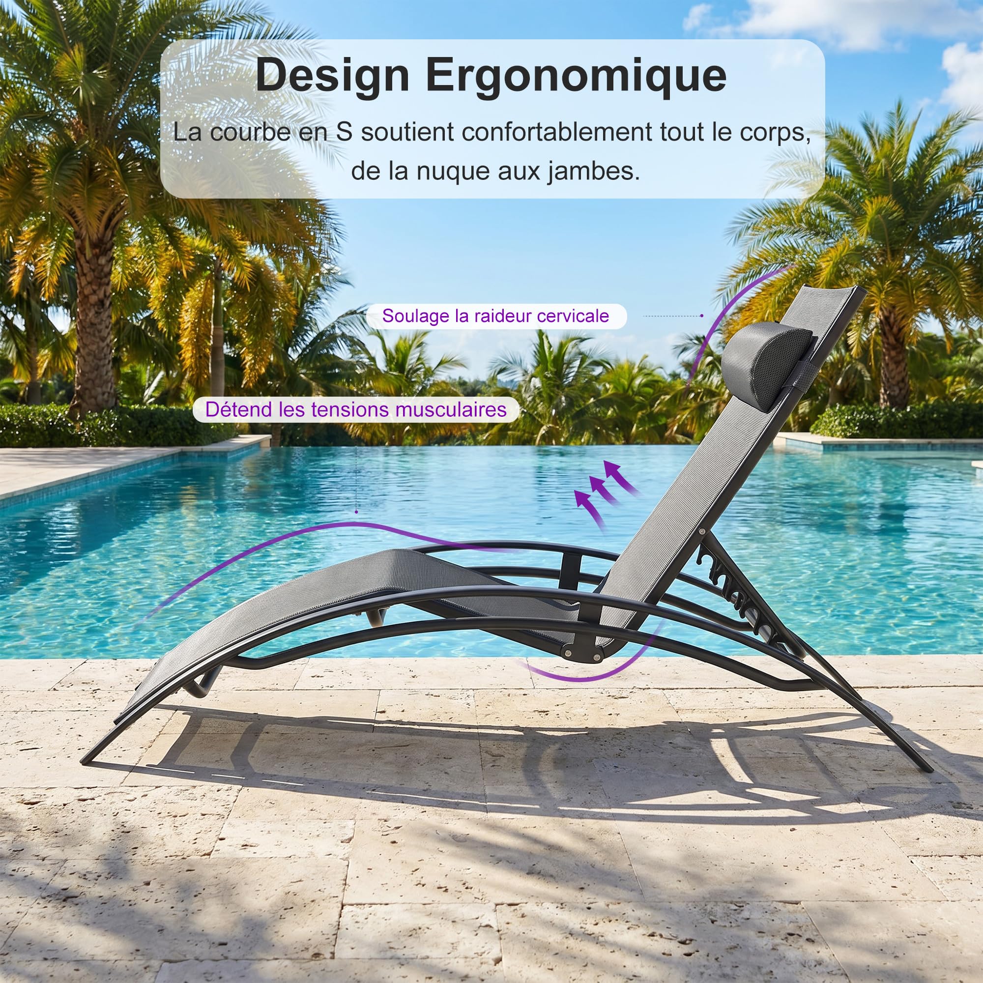 PURPLE LEAF Lot de 2 Bains de Soleil Aluminium XL Gris avec Table Transats