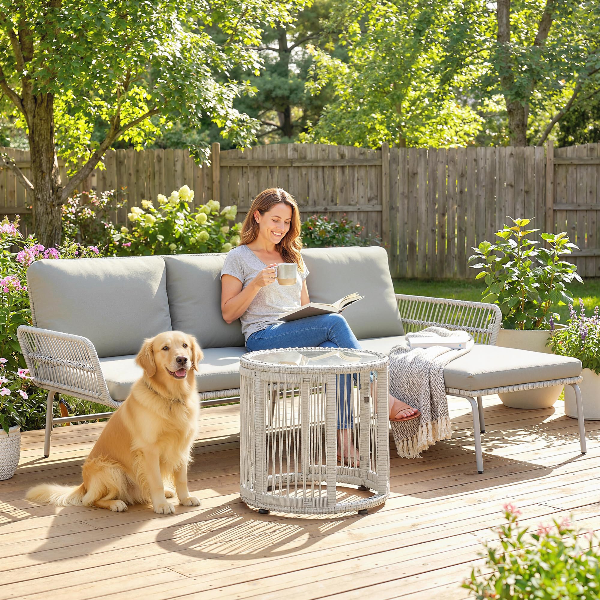 Outsunny Polyrattan Gartenmöbel Set 3-teilig, Lounge Set mit Chaiselongue Zweisitzersofa Glastisch abnehmbar Kissen, Rattan Sitzgruppe bis 3 Personen, Lounge Möbel für Garten Terrasse Balkon Hellgrau
