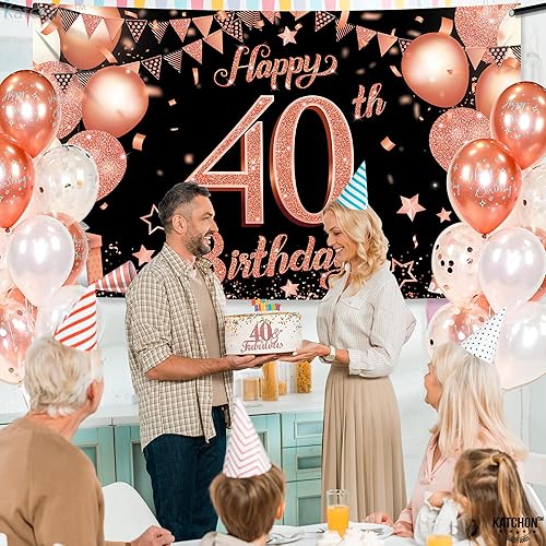 Miniatura 6 de KatchOn, Pancarta de cumpleaños número 40 de oro rosa, extragrande, 72 x 44 pulgadas, telón de fondo de cumpleaños 40, pancarta de feliz cumpleaños