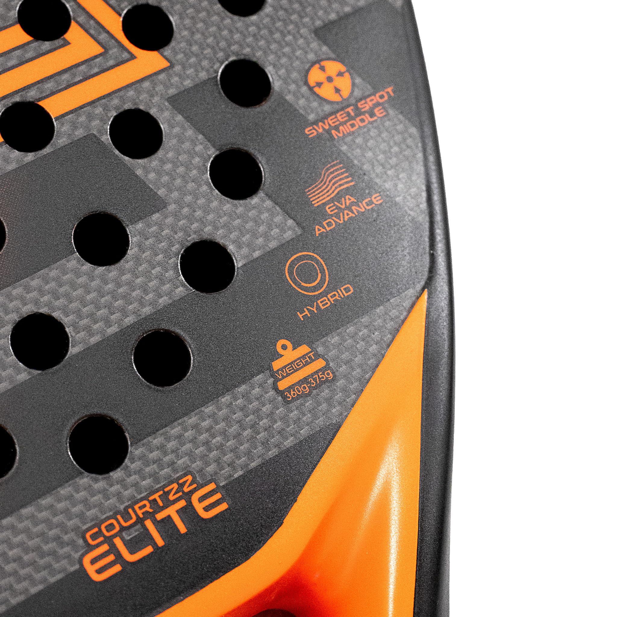 Elite Padel-Schläger, 3K Carbon, Hybride Form, Eva Advanced, Schwarz/Orange, Fortgeschrittene