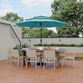 9Ft 3 Tiers Market Umbrella Outdoor, 3 Tiers Heavy Duty Patio Umbrella 8 Ribs, Outdoor Market Table Umbrellas with Ventilation and Hand Crank