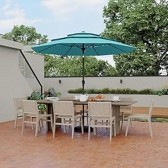 9Ft 3 Tiers Market Umbrella Outdoor, 3 Tiers Heavy Duty Patio Umbrella 8 Ribs, Outdoor Market Table Umbrellas with Ventilation and Hand Crank