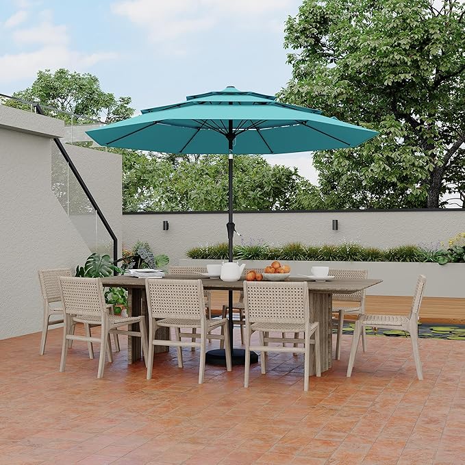 9Ft 3 Tiers Market Umbrella Outdoor, 3 Tiers Heavy Duty Patio Umbrella 8 Ribs, Outdoor Market Table Umbrellas with Ventilation and Hand Crank