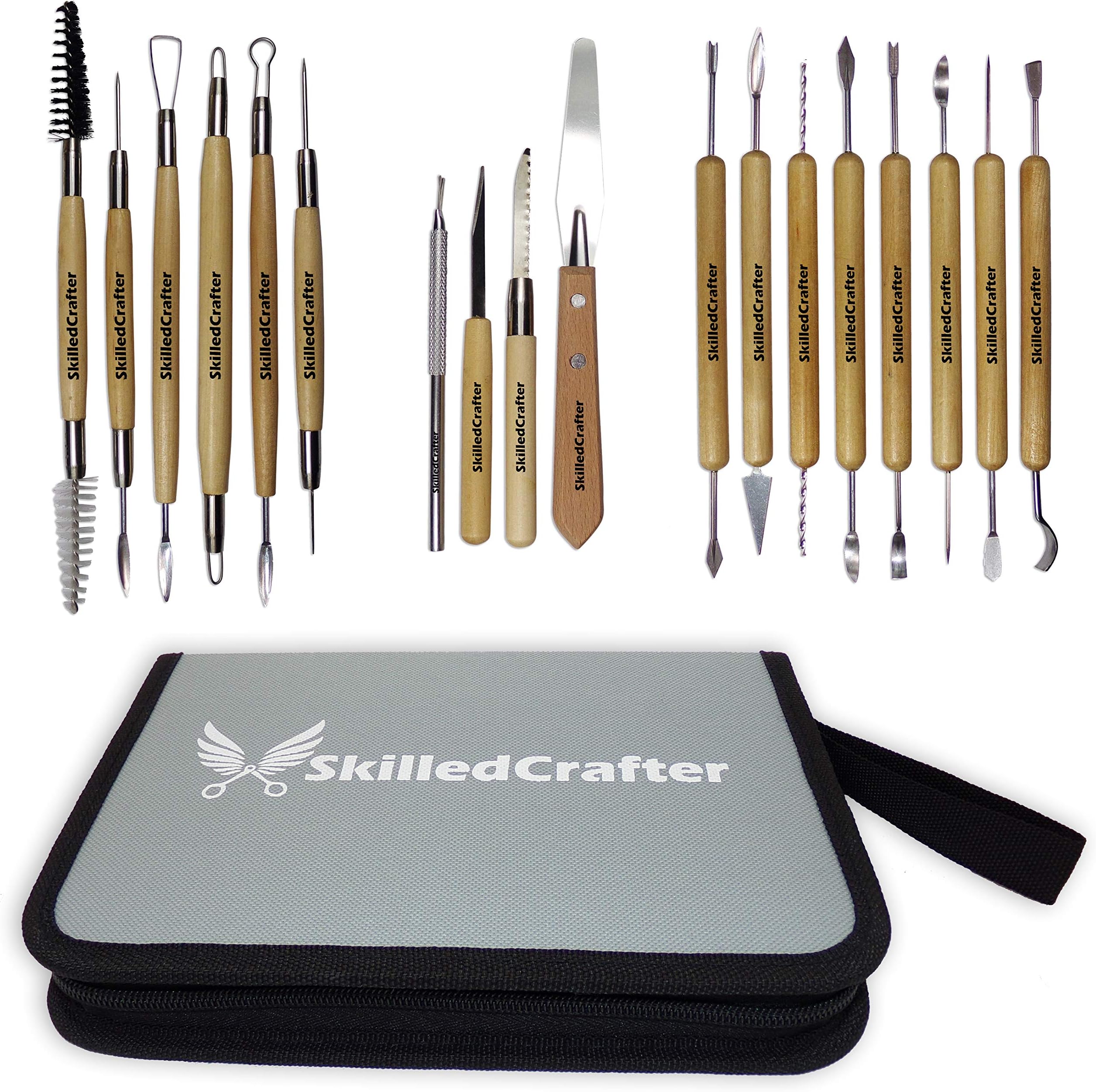 Skilled Crafter Clay Modeling Tools with Zip-Up Case. 18 Double Ended Quality Carvers & Modelers for Sculpting, Modeling, Trimming & Pottery Carving. Best for Sculpey, Polymer, Ceramics, Dough, Wax