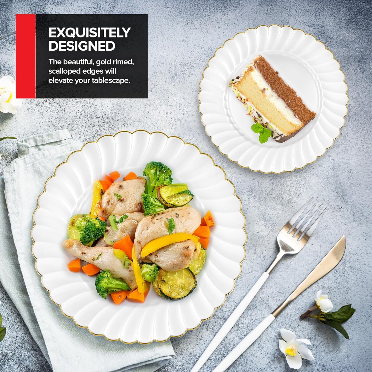 Stock Your Home 100 Pack – Elegant Ivory & Gold Scalloped Plastic Plates – Heavy-Duty Disposable Cream Plates with Gold Rim for Thanksgiving, Holidays, Dinners & Parties - Image 6