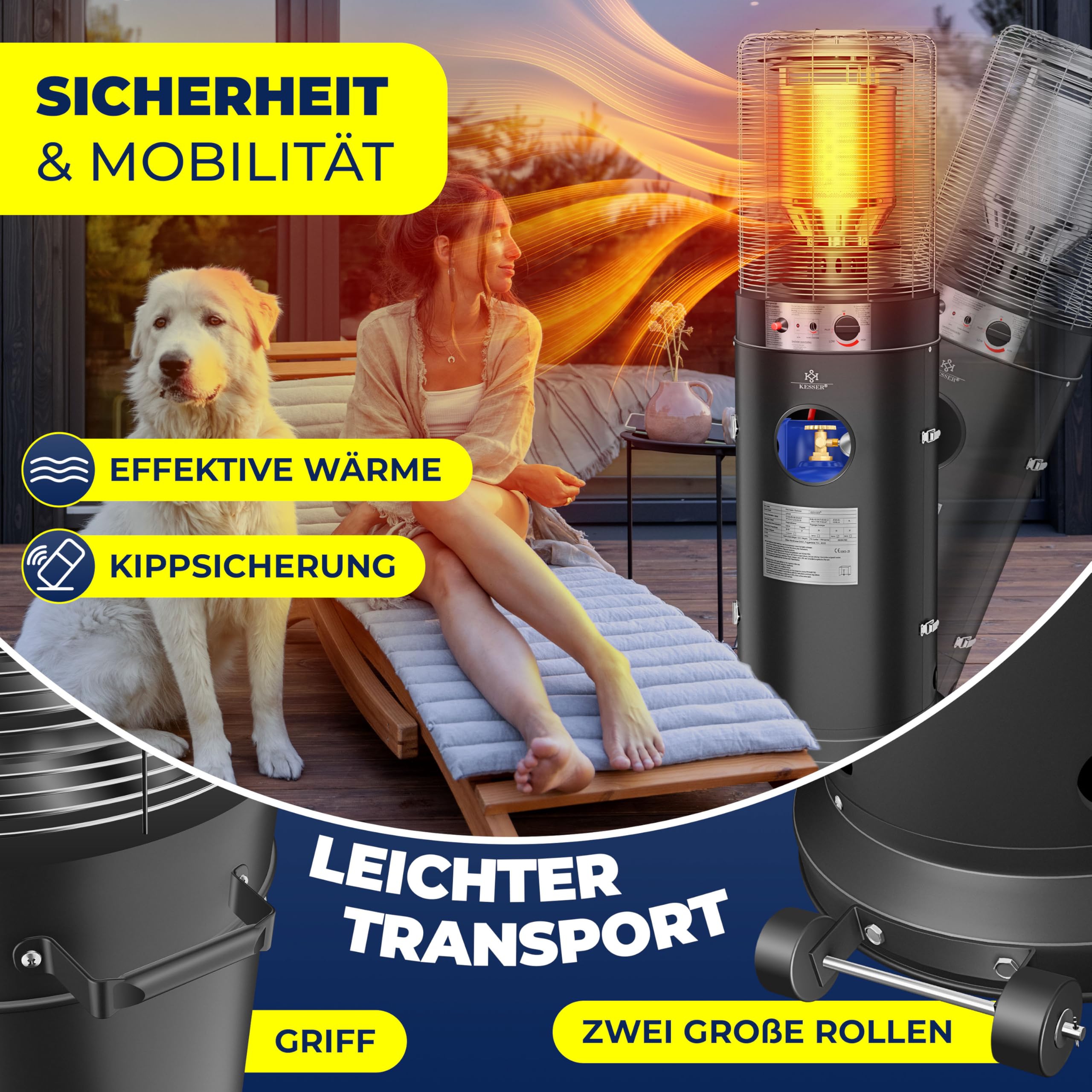 KESSER® Chauffage à gaz KE12 | Chauffage de terrasse | Radiateur extérieur | Chauffage extérieur 12,5 kW | Chauffage d'extérieur à gaz | Chauffage radiant | Appareil de chauffage, noir