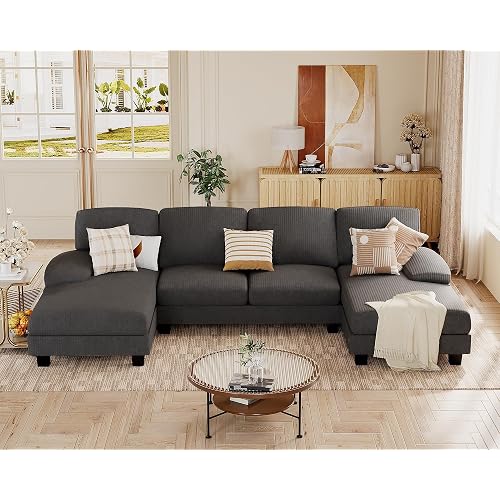 JUMMICO U Shaped Sectional Couches for Living Room, Corduroy, Grey | 4 Seat Modern Sofa with Removable Pillows for Apartment and Small Space