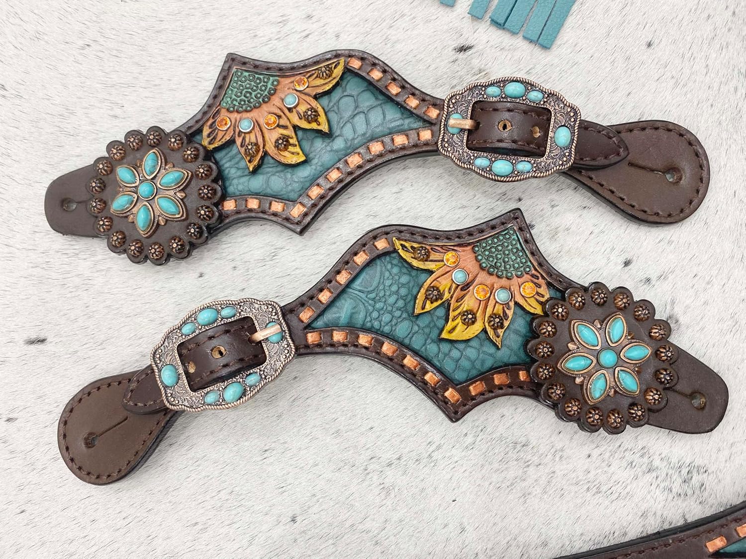 Genuine Argentina Cow Leather Complete Headstall Breast Collar Set Decorated Sunflower Carving & Turquoise Stone Turquoise Tan Fringe (Wither Strap, Spur Strap, Bornce Halter & Headstall Set)