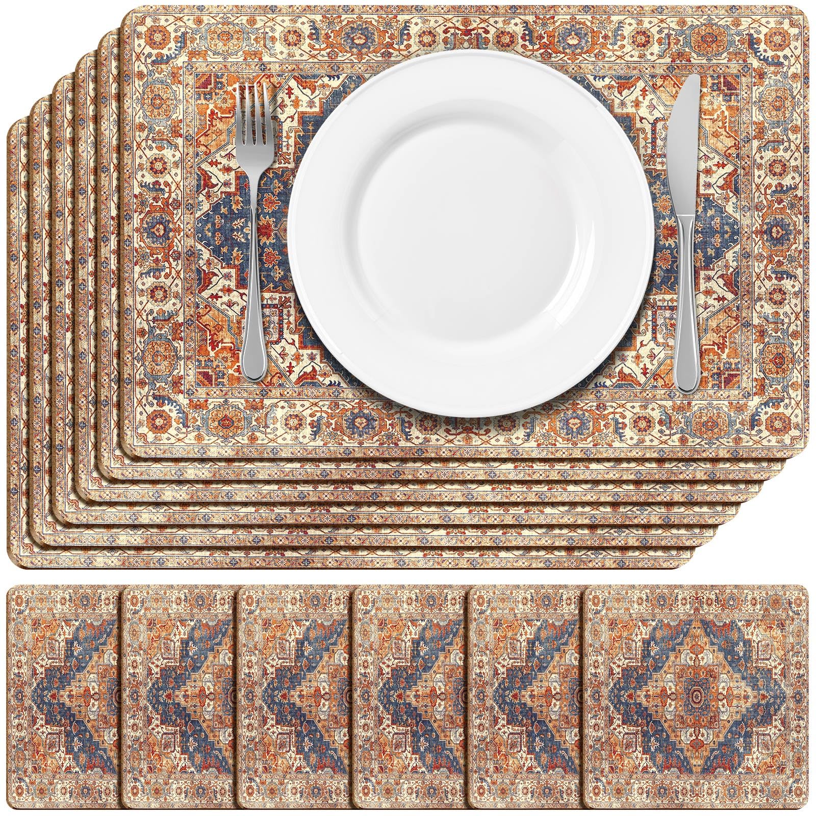 Bucherry 6 Sets Boho Cork Placemats 16 x 12 Inch Heat Cork Backed Placemat and 6 Coasters Retro Backing Autumn Table Mats Square Coasters for Rustic Kitchen Dinner Table Setting Supplies(Orange)