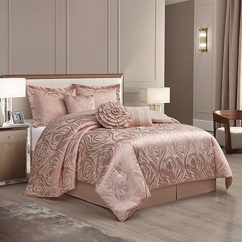 Miniatura 1 de Stratford Park Juego de edredón de color rubor, tamaño Queen, juego de ropa de cama jacquard de 7 piezas, diseño floral, para todas las estaciones