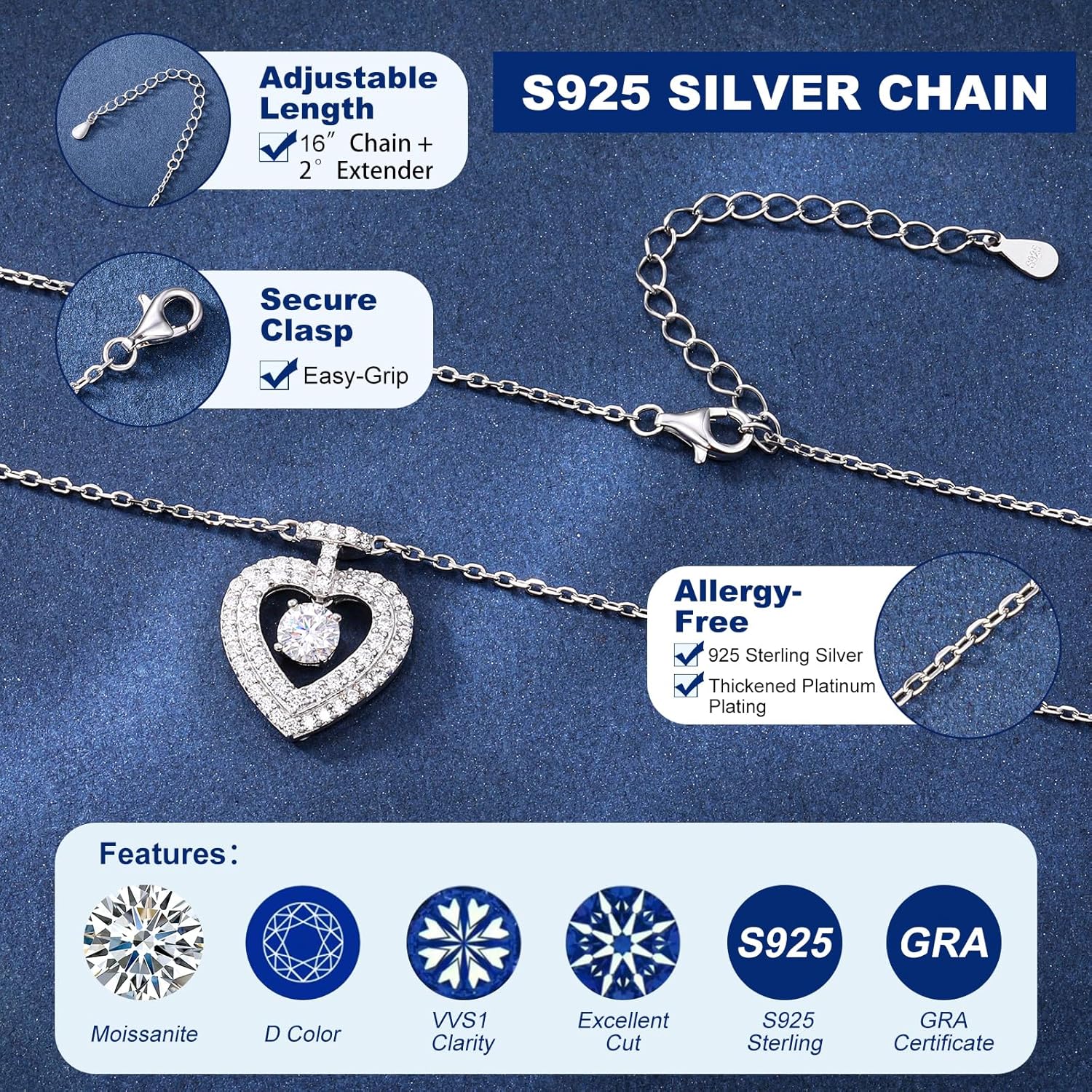 Moissanite Halo Heart Pendant 18K Gold Plated Sterling Silver Perfume Bottle Necklace for Women Wedding Anniversary Birthday Christmas Valentine Engagements Mothers Day Jewelry