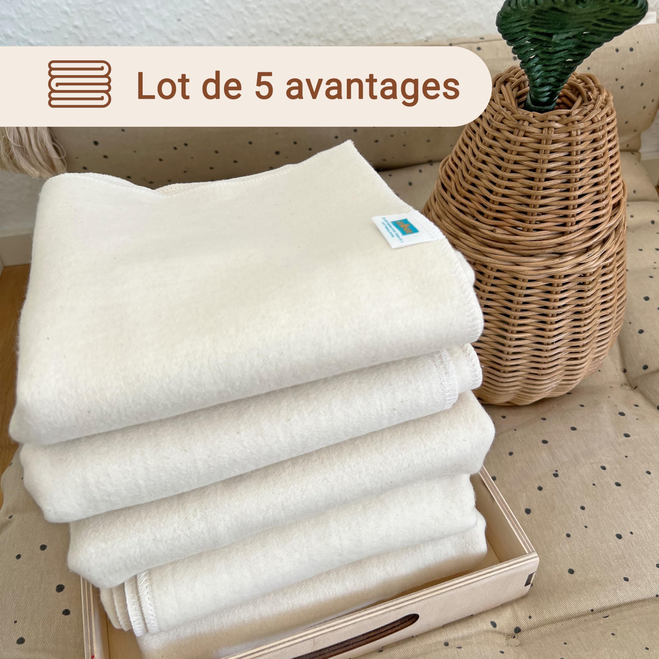 ZOLLNER Set de 5 Chiffons molletonnés en 80x80 cm en Coton - Matelas à Langer très Absorbant - Doux et Chaud - Lavable jusqu'à 95°C - en Blanc Nature - certifié Oeko Tex®