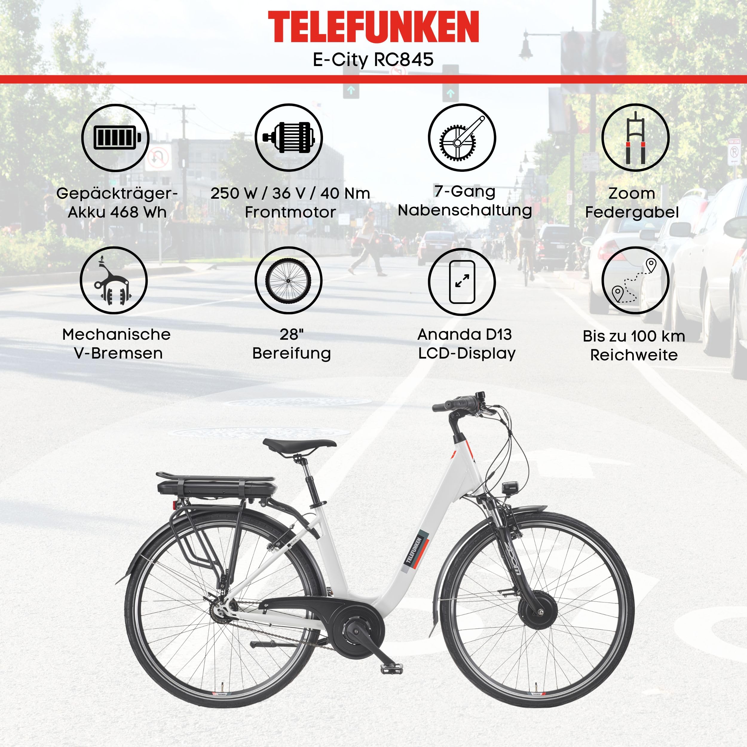 TELEFUNKEN E-Bike 28 Zoll Fahrrad für Damen & Herren | Pedelec Citybike mit 7-Gang Nabenschaltung | Elektrofahrrad 250 W Frontmotor | 468 Wh Li-Ion Akku | EBike Multitalent RC845