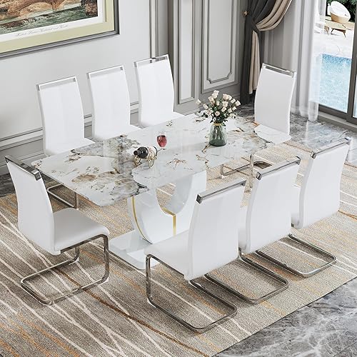 Miniatura 23 de Juego de mesa de comedor de lujo de 71 pulgadas para 6, moderno juego de mesa de comedor de mármol sintético con parte superior de vidrio templado,