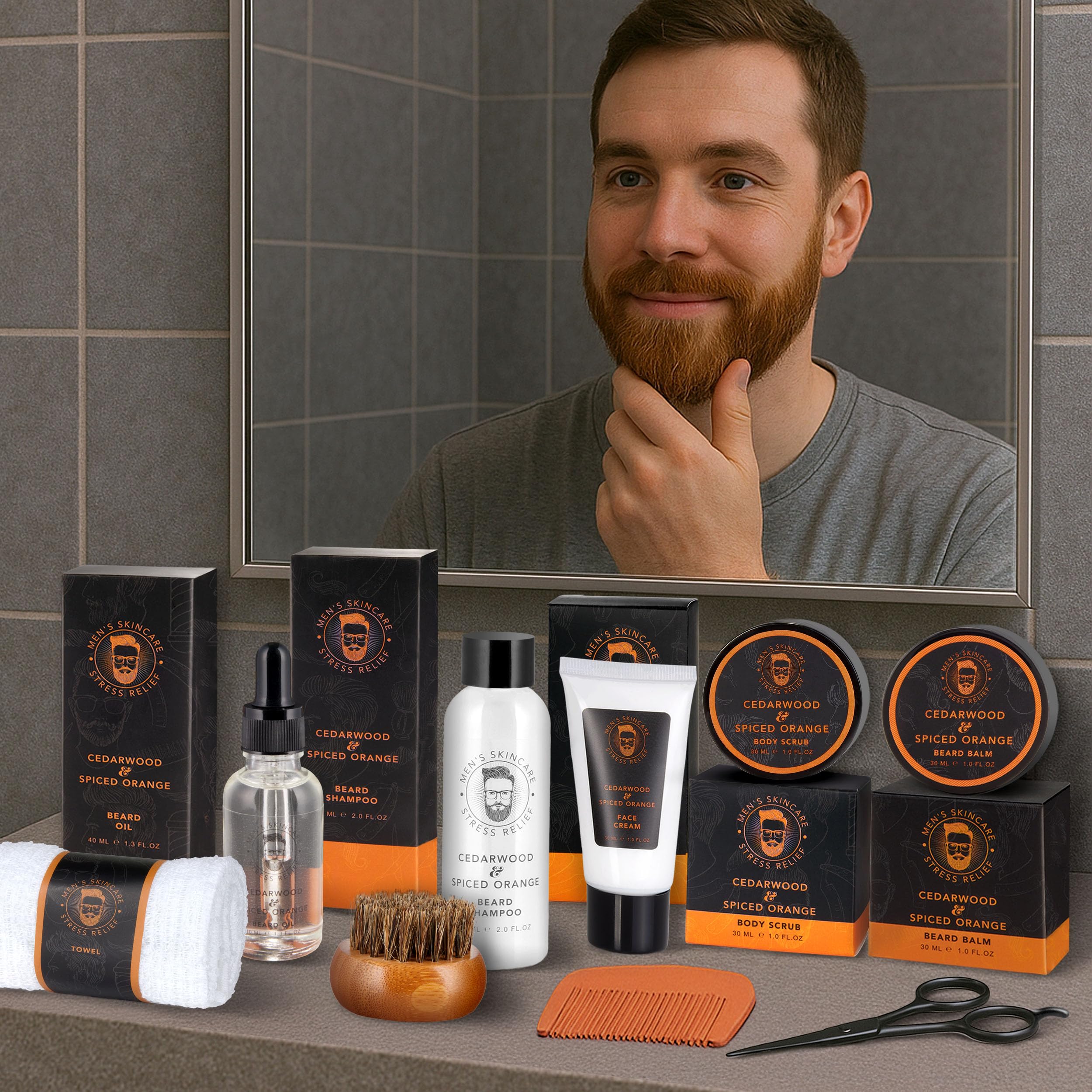 BRUBAKER Kit de 9 Piezas para el Cuidado de la Barba y la Cara con Champú, Aceite, Bálsamo, Cepillo, Crema para la Cara, Pelar, Peine, Tijeras, Guante para Lavar - Regalos para Hombres