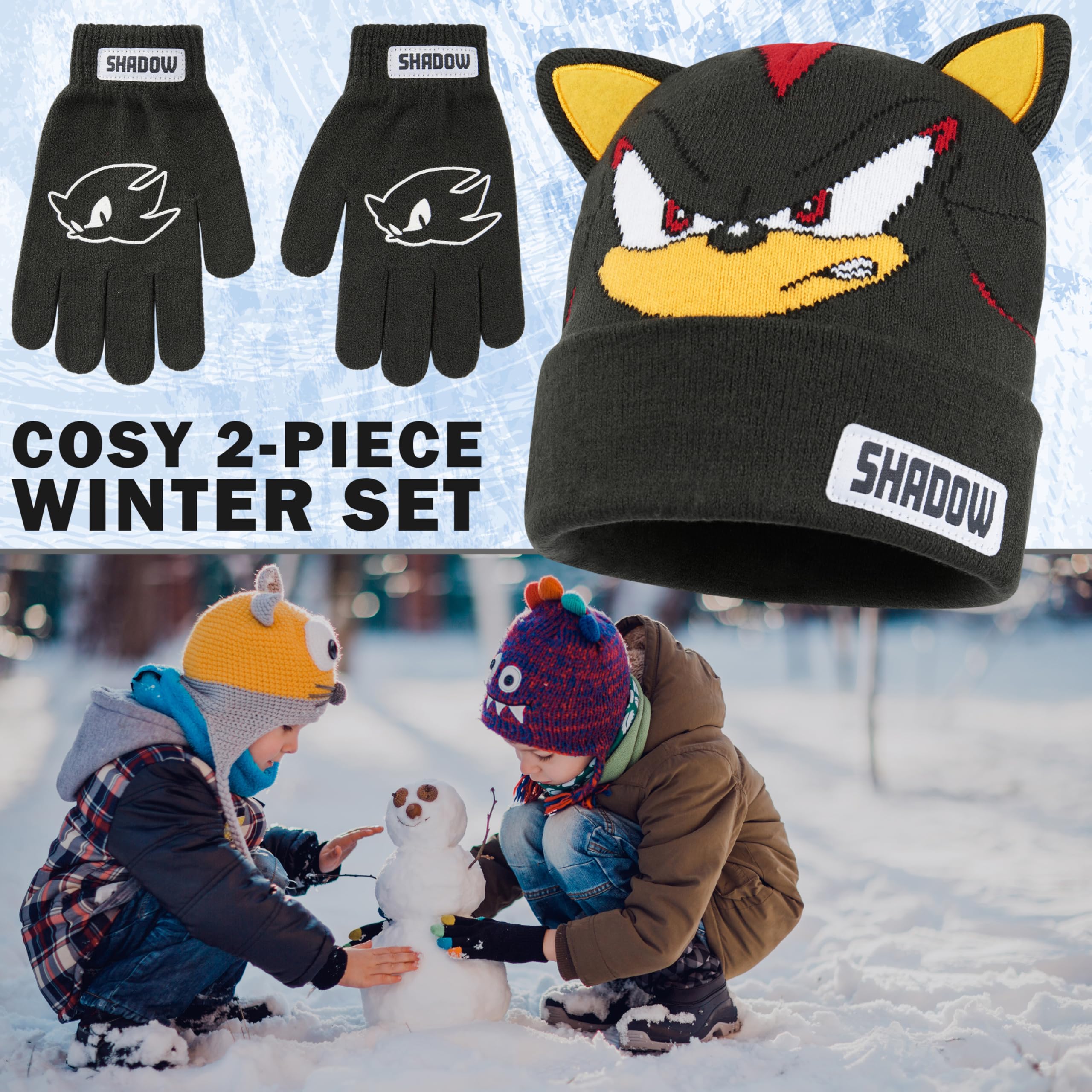 SONIC THE HEDGEHOG Czapka beanie i zimowe rękawiczki zestaw dla chłopców w wieku 4-12 lat, ciepłe, przytulne dzianinowe akcesoria zimowe, prezenty dla chłopców