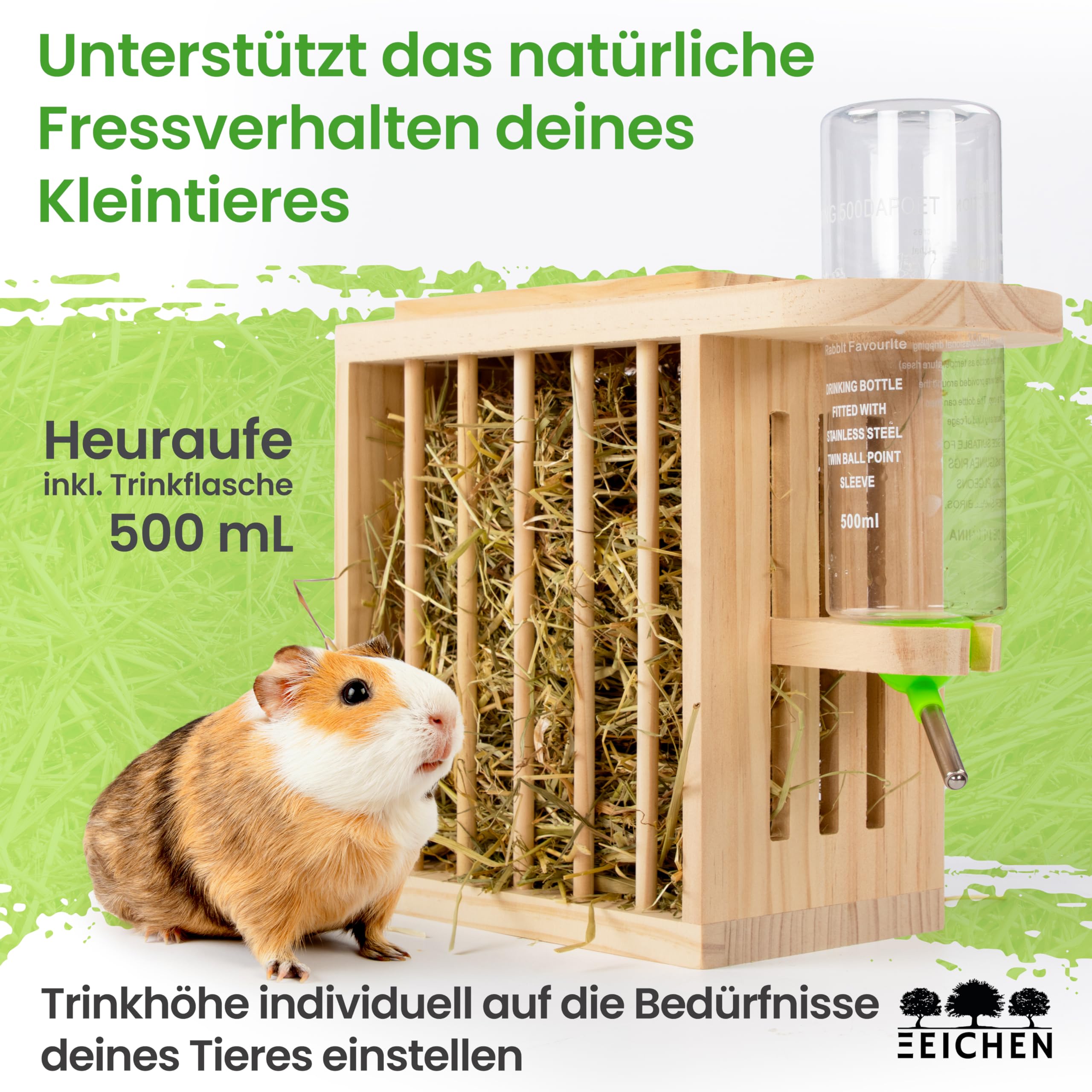 Heuraufe inkl. höhenverstellbarer Trinkflasche. Naturholz. Meerschweinchen Heuraufe, Kaninchen, Hasen, Hamster Trinkflasche. Perfekt für Kaninchenstall. Hasen Zubehör Kaninchen Zubehör | Drei Eichen