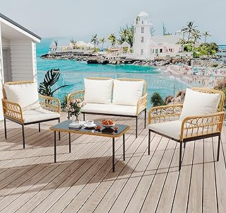 IDEALHOUSE 4-Piece Outdoor Patio Furniture Set, All-Weather PE Rattan Wicker Loveseat & Chairs with Glass Coffee Table & Steel Frame, Boho Conversation Set for Patio, Balcony, Backyard, Beige