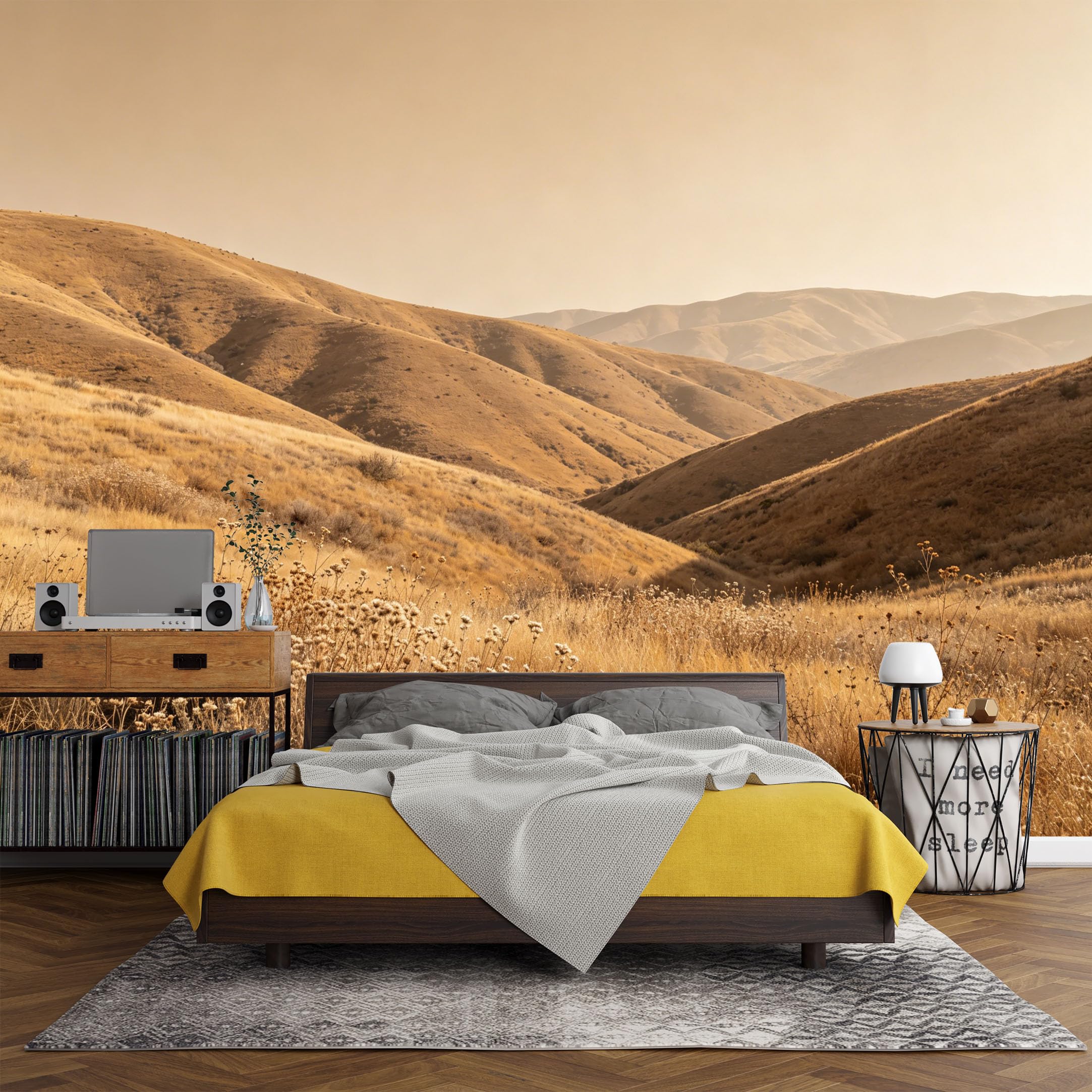 Custom Size Wall Mural， Mountain Desert Valley Golden Hills Landscape，SelfAdhesive Art Prints wall Fabric (No PVC) Removable Wallpaper Living Room Decor