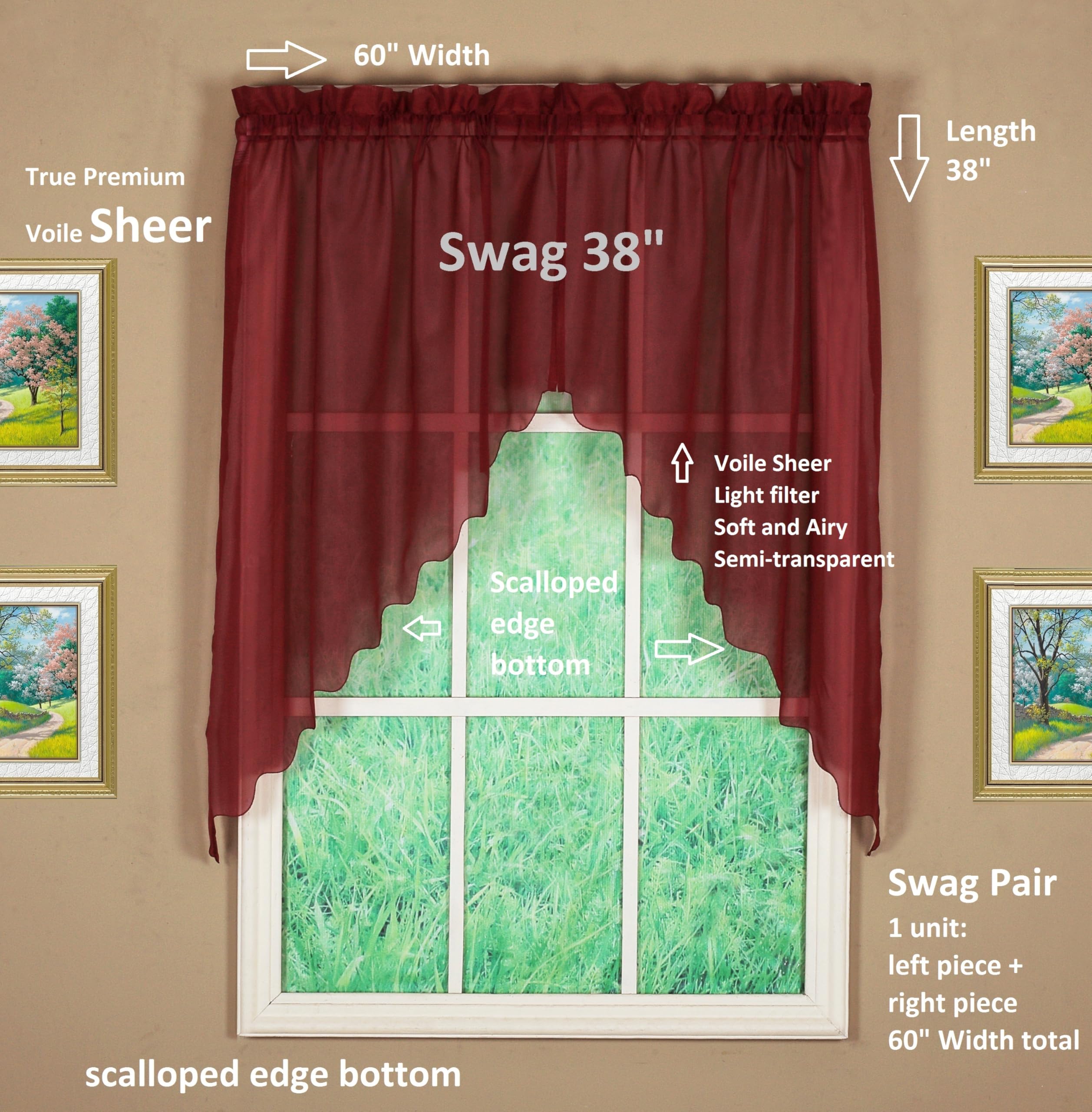 Today's Curtain Emelia Original Voile Swag Pair 38", Burgundy, 60" W x 38" L, W 60" x L 38" (1 Panels) - Image 2