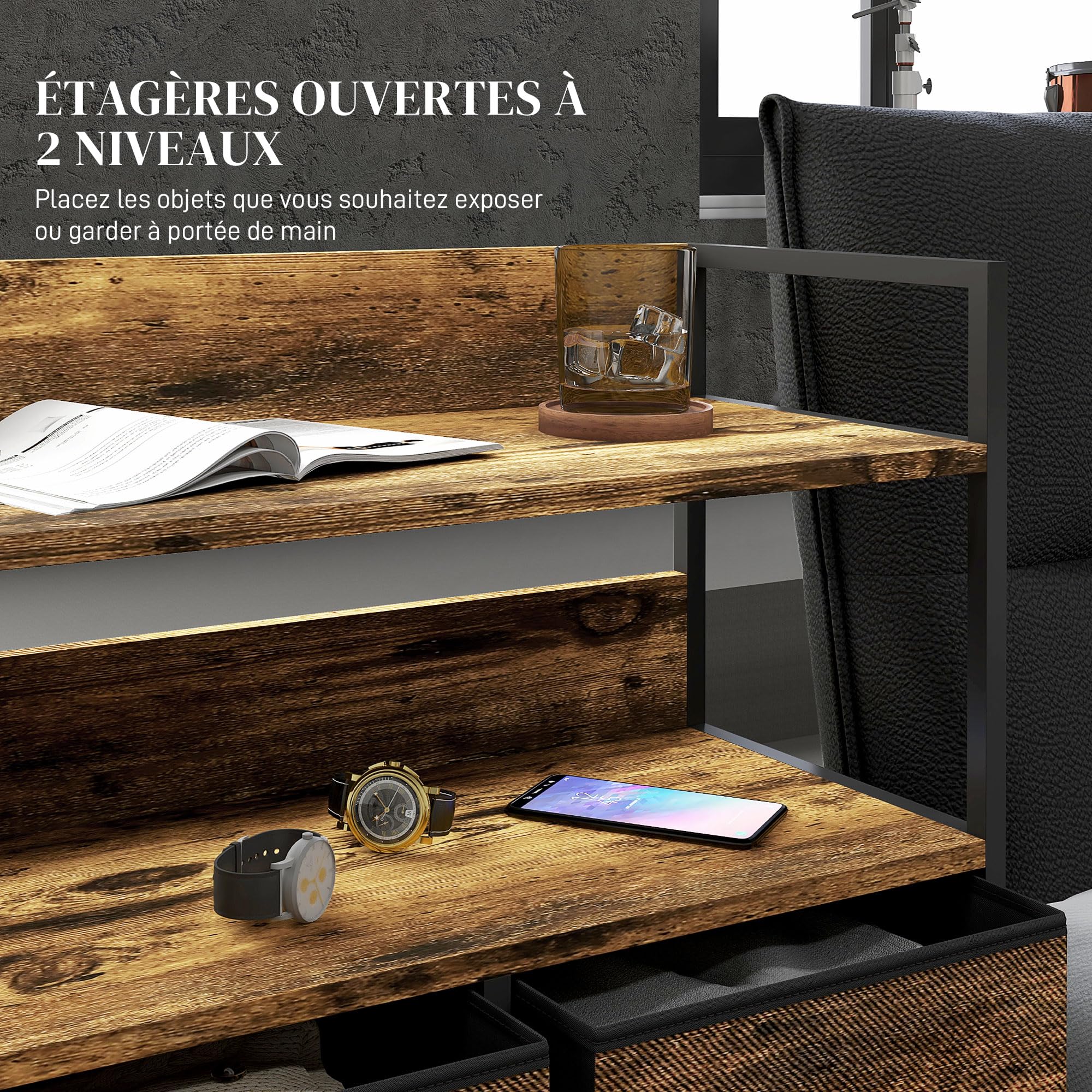 HOMCOM Commode avec 5 Tiroirs en Tissu Pliables, Brun Rustique | Commode Chambre, Meuble de Rangement, Étagères Ouvertes, Plateau, Cadre en Acier, Style Industriel, pour Chambre, Salon
