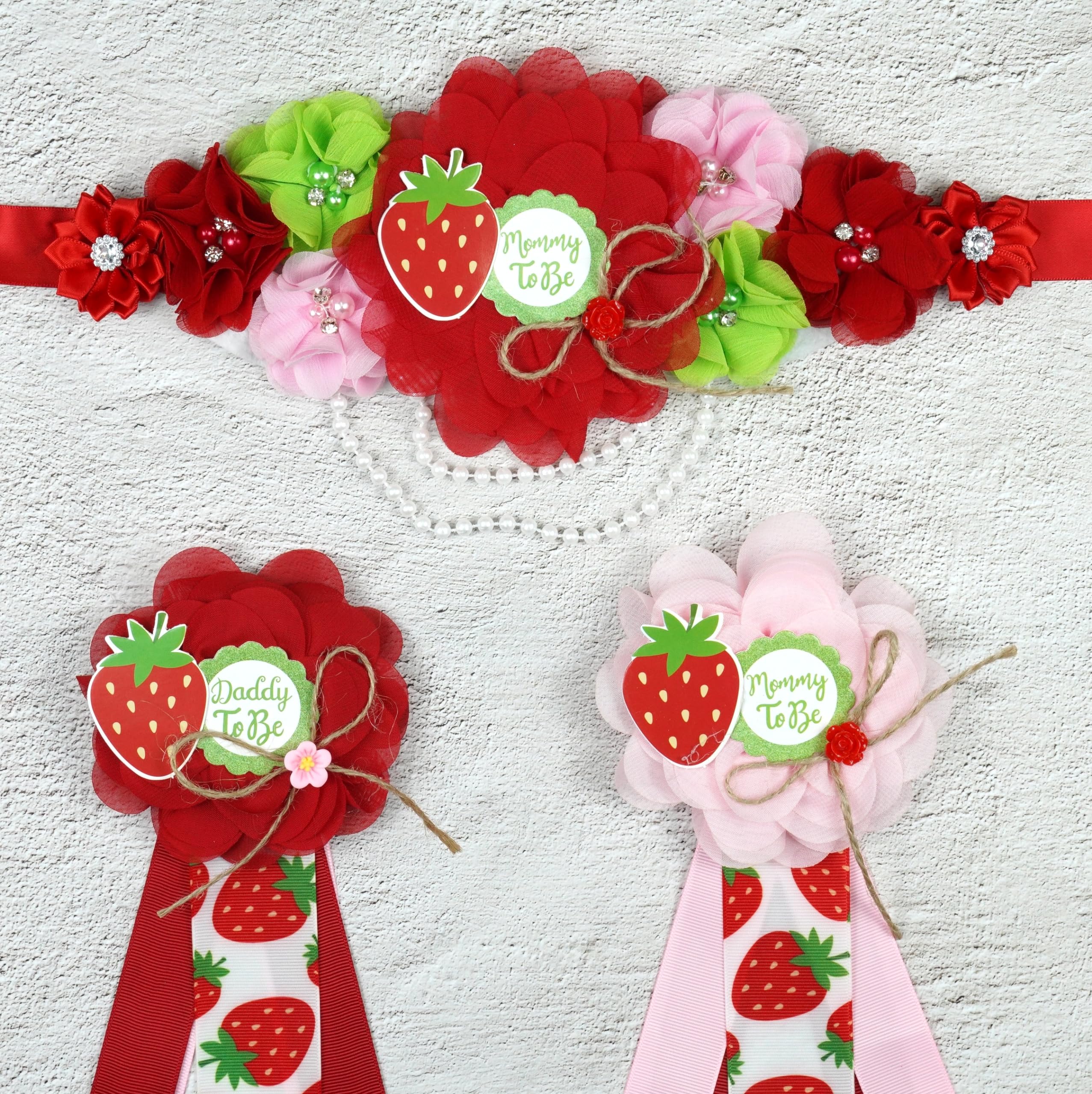 Spelable 3 Pack Strawberry Mom to Be Sash Daddy to Be Corsage Pins Flower, Baby Shower Sash, Maternity Sash Belly Belt Gift for Gender Reveal