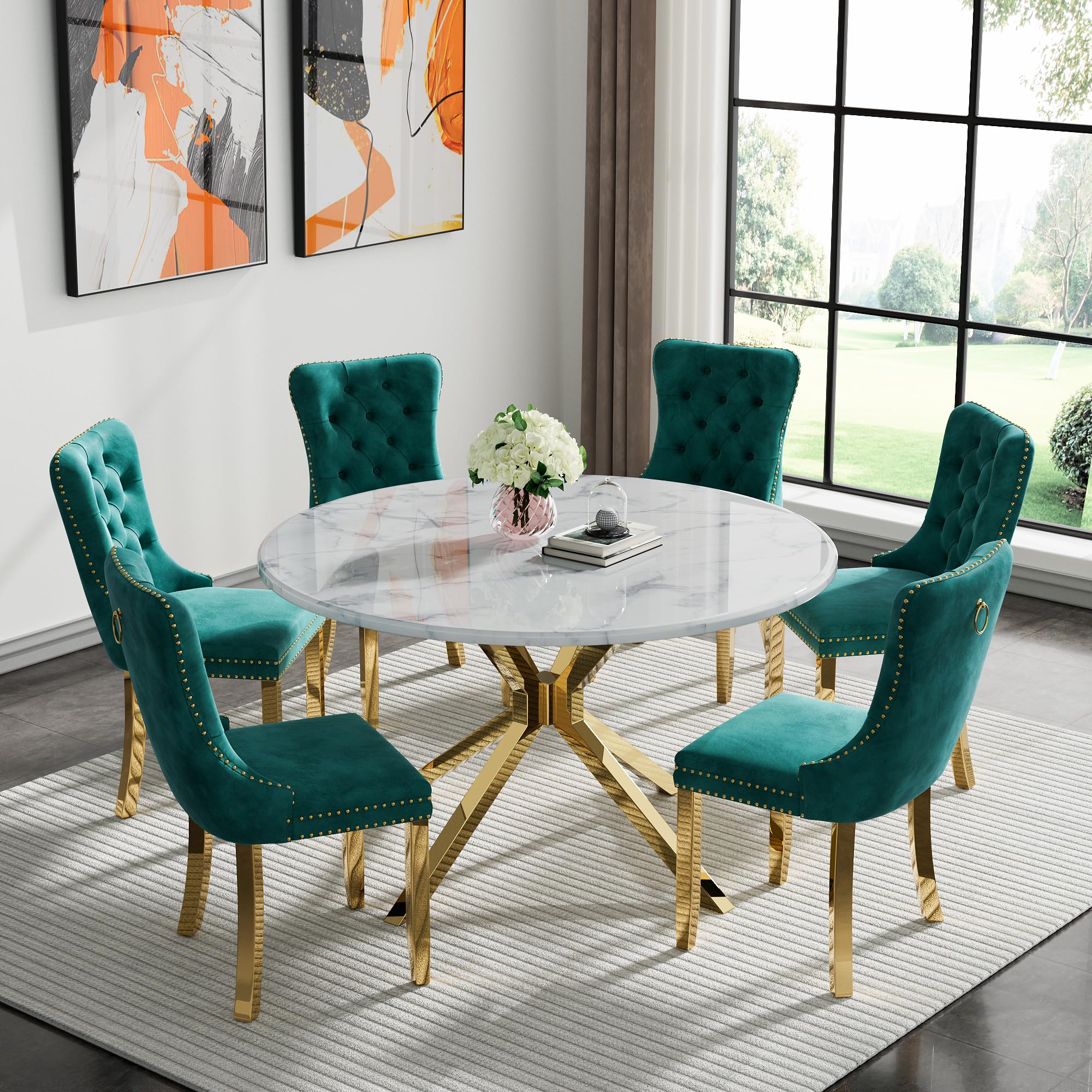 7-Piece Round Dining Table Set for 6, Luxury Faux Marble Kitchen Table Set for 6 with Green Velvet Chairs, 45" Circle Dining Room Tables with White Marble Top and Gold Stainless Steel Cross Legs