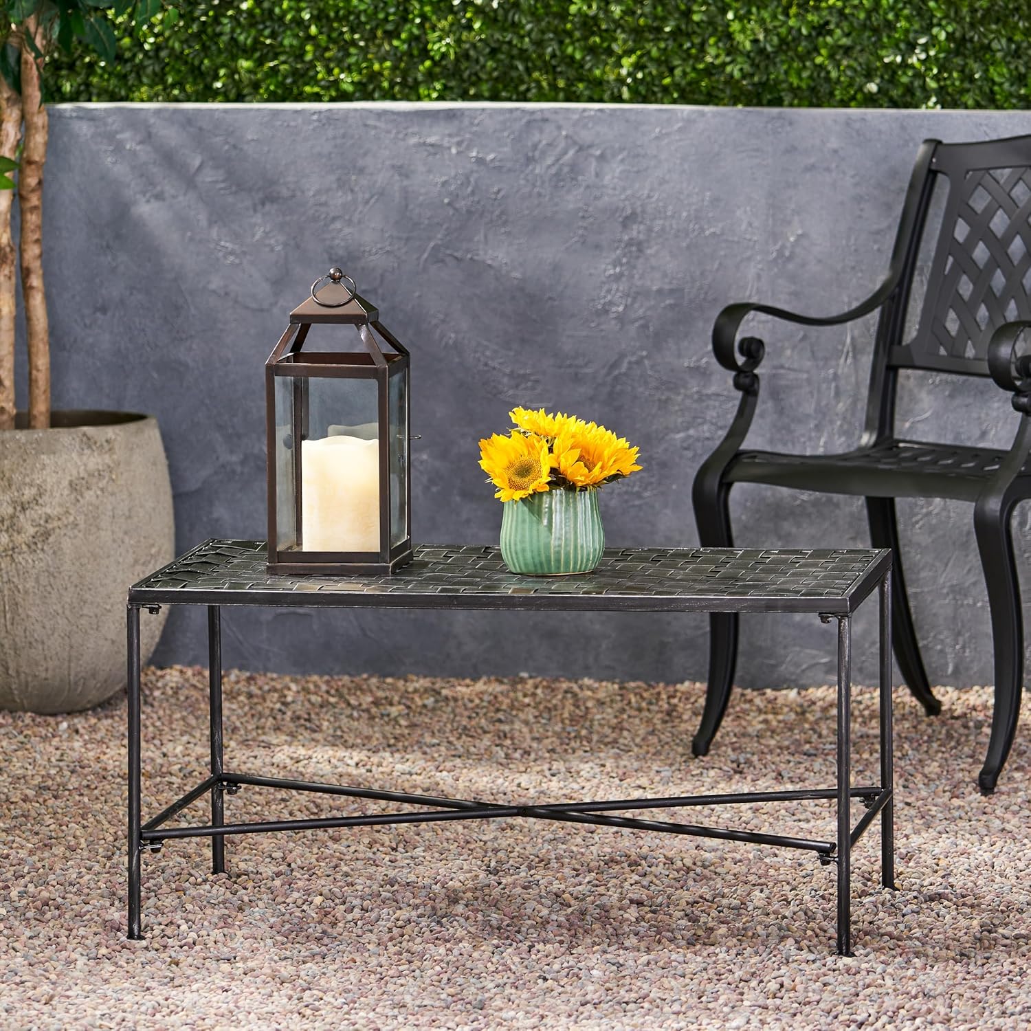 Iron Outdoor Coffee Table with Black Brushed Silver Finish – 20.75 x 36.75 x 18 Inches, Powder-Coated Metal Patio Table for Deck or Backyard