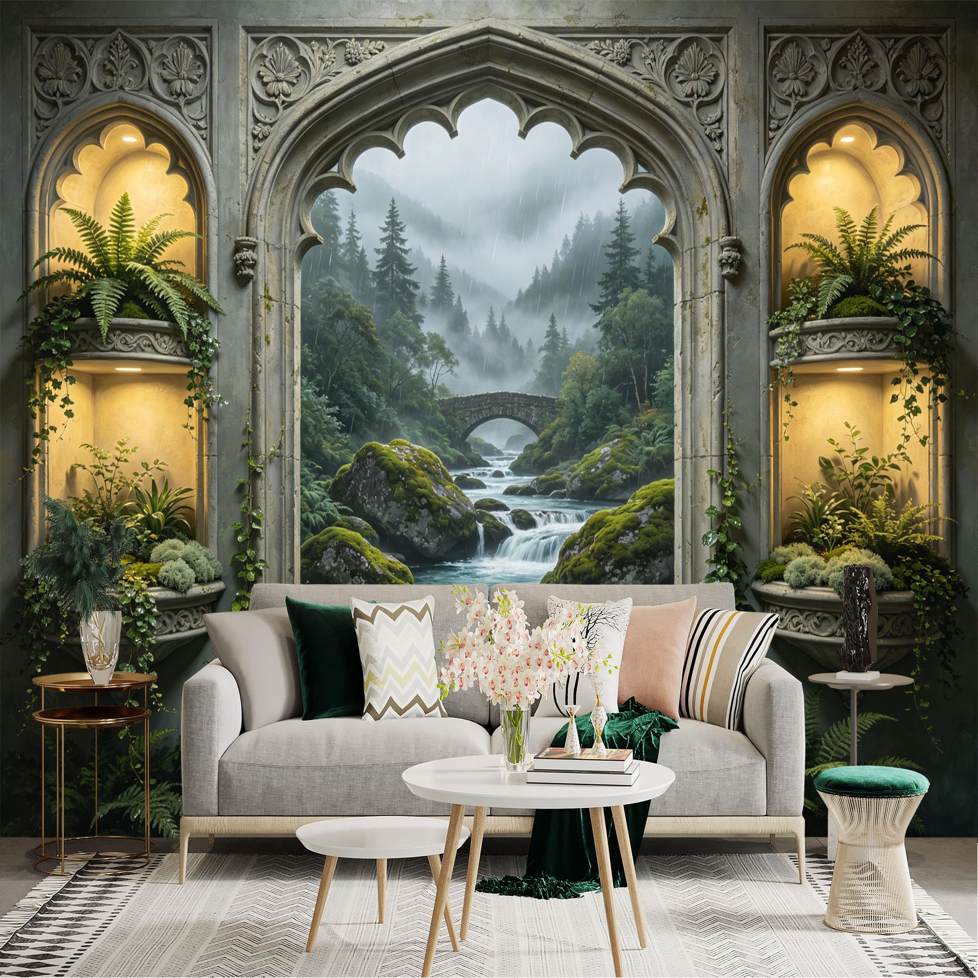 Lnzczhyre Dbh260521433 Custom Size Wall Sticker Mural， Gothic Stone Window View， Misty Forest Stream， Ancient Stone Bridge， Lush Fern Decor， For Wall Decoration， Peelandstick Wall Decals.