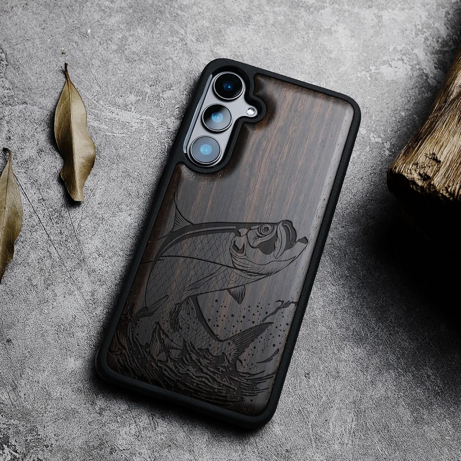 Carveit Wood Case for Galaxy S24 Plus Case [Natural Wood & Black Soft TPU] Shockproof Protective Cover Unique Wooden Design Compatible with S24 Plus (The Tarpon's Leap-Blackwood)