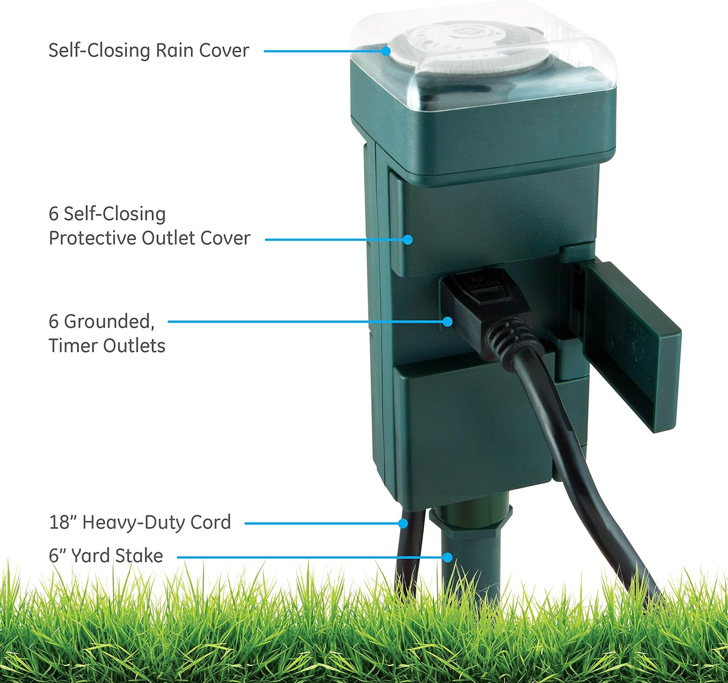 GE Outdoor 6 Outlet Mechanical Stake Timer, Easy-to-Set Dial, 30-Minute Interval Pushpins, 19.7 Inch Cord With Weather-Resistant Covers – 29972, Green : Patio, Lawn & Garden